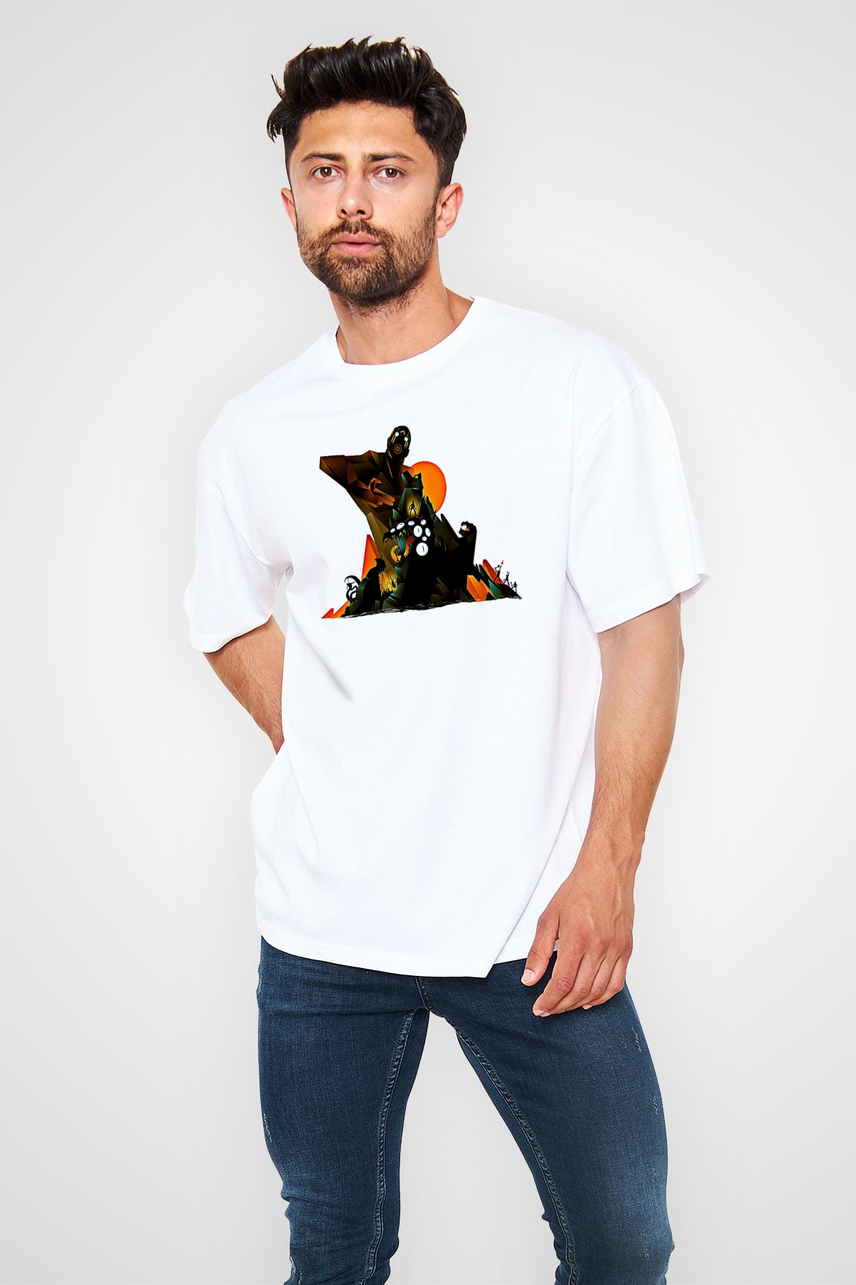 Borderlands Baskılı Beyaz Unisex Oversize Tişört - Tshirt
