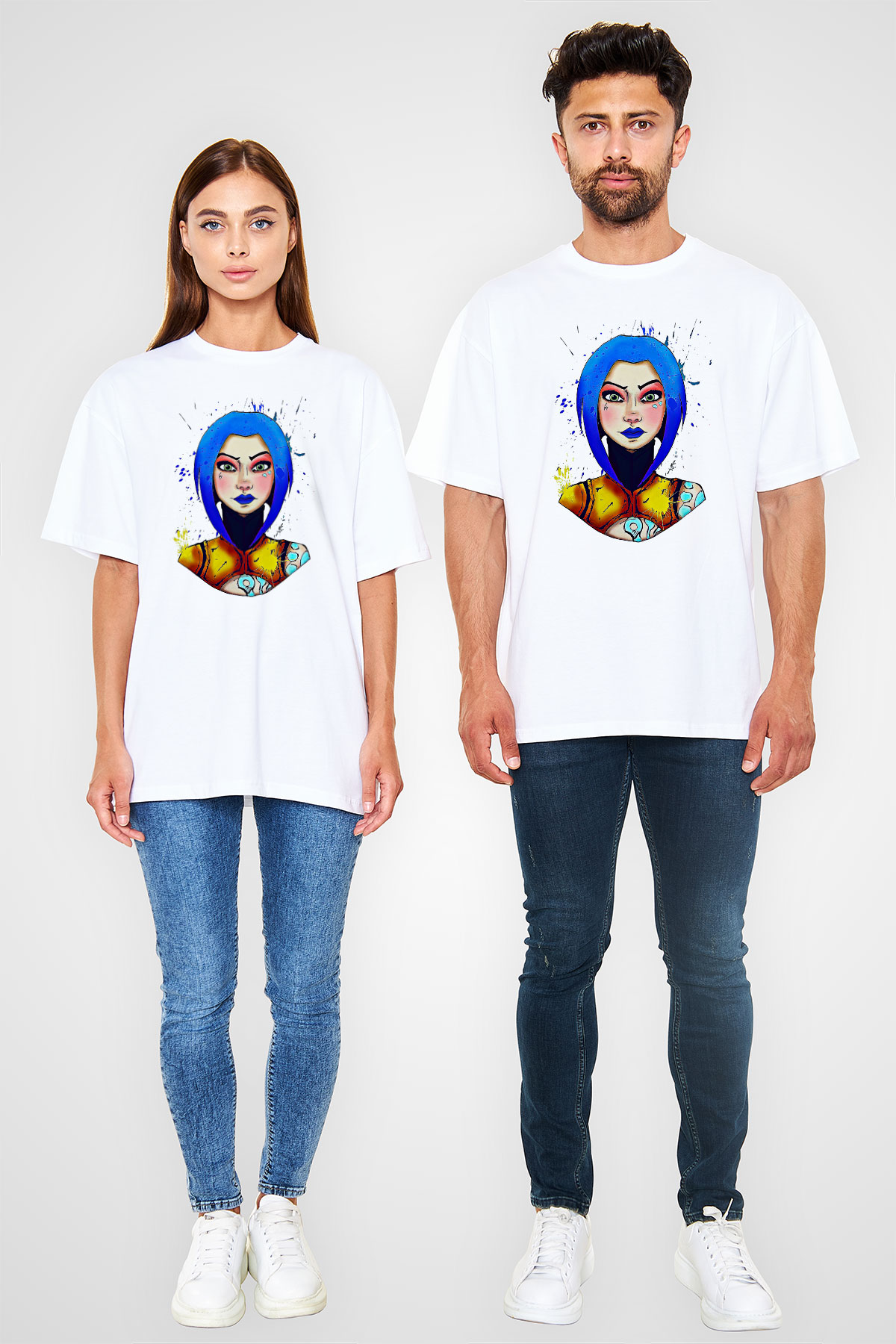 Borderlands Baskılı Beyaz Unisex Oversize Tişört - Tshirt