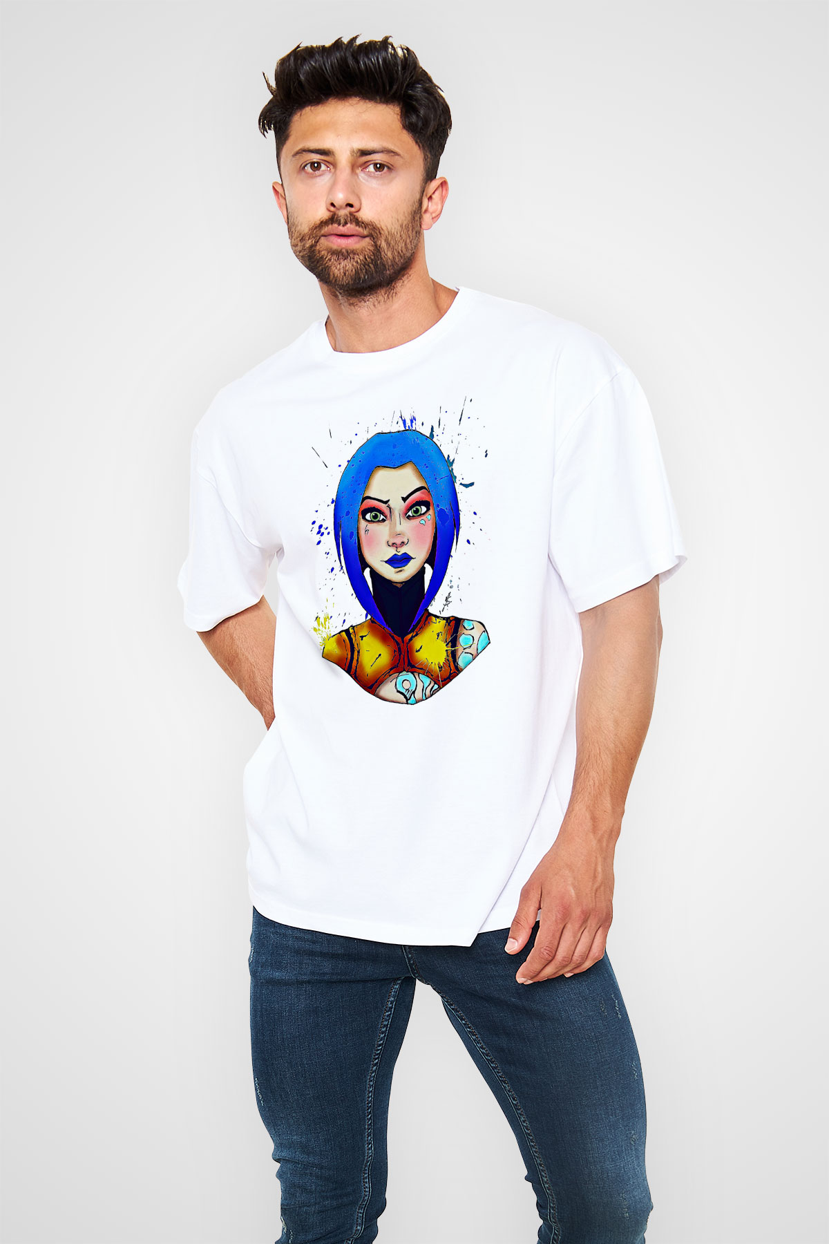 Borderlands Baskılı Beyaz Unisex Oversize Tişört - Tshirt