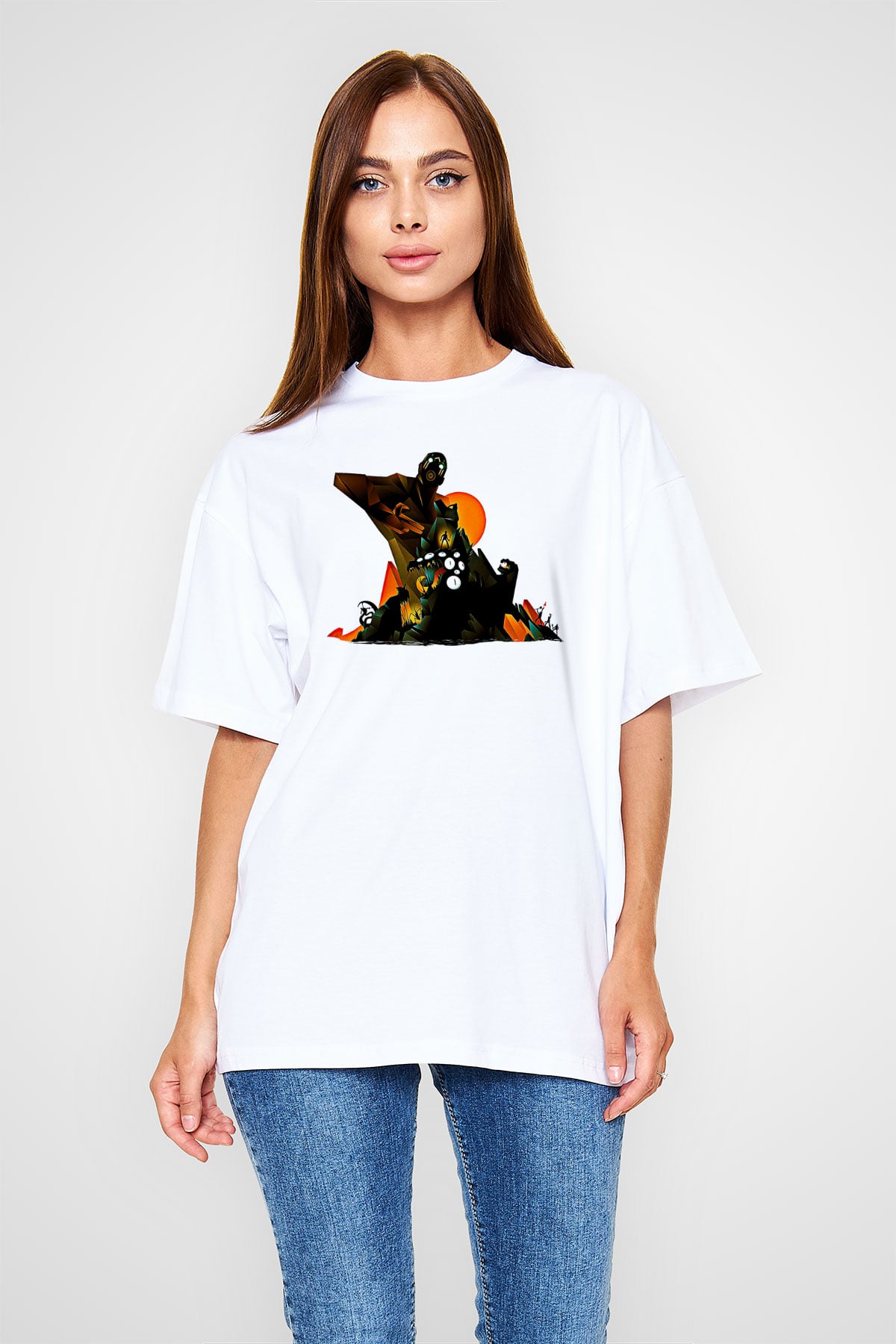 Borderlands Baskılı Beyaz Unisex Oversize Tişört - Tshirt