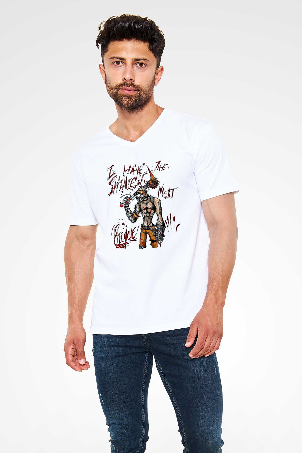 Borderlands Baskılı Beyaz Unisex V Yaka Tişört - Tshirt