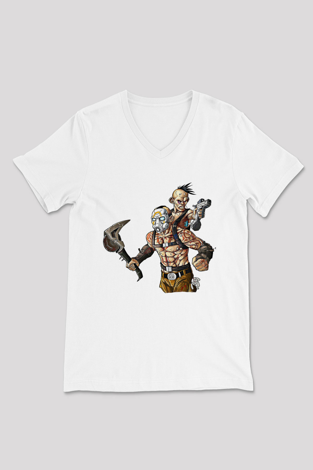 Borderlands Baskılı Beyaz Unisex V Yaka Tişört - Tshirt