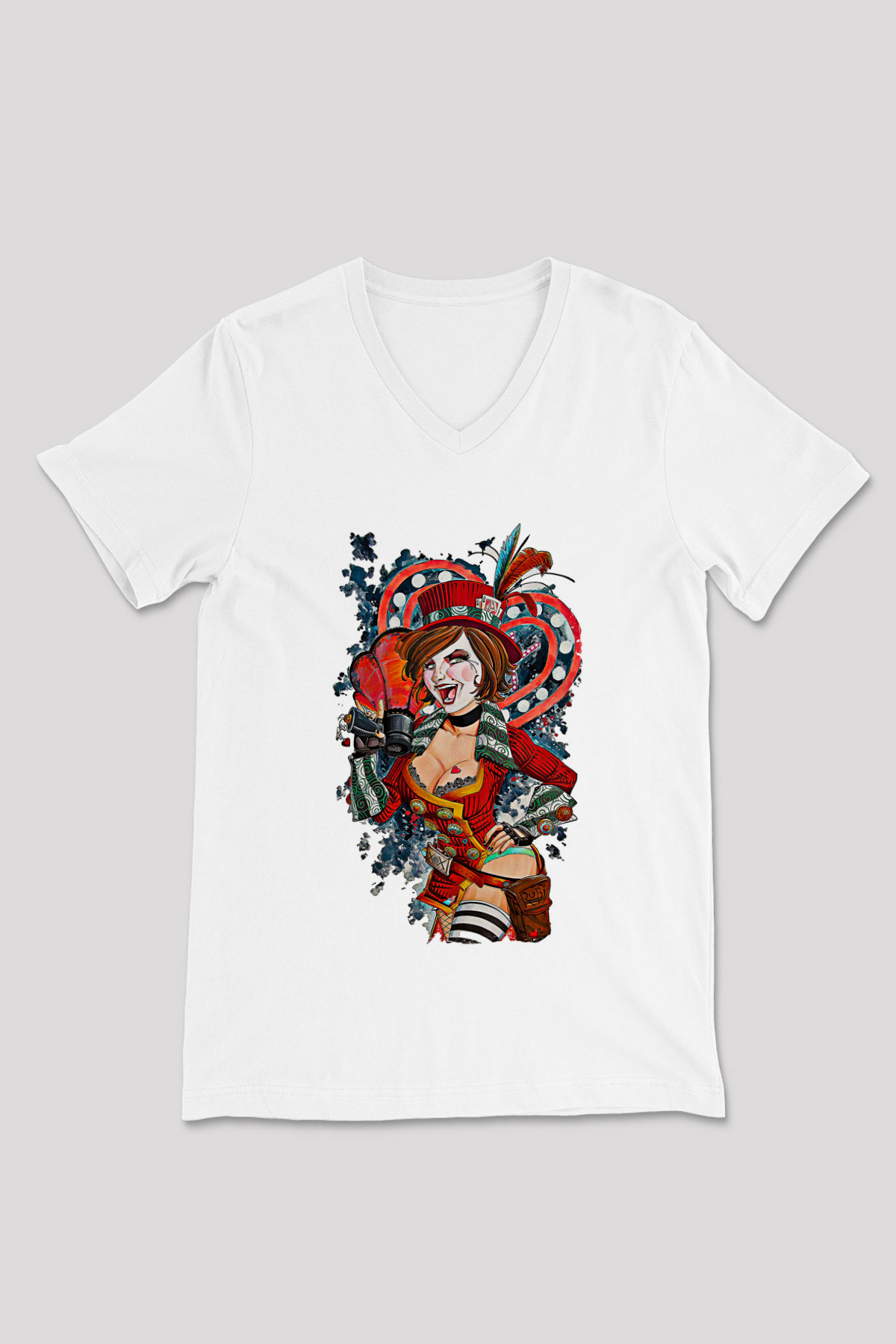 Borderlands Baskılı Beyaz Unisex V Yaka Tişört - Tshirt