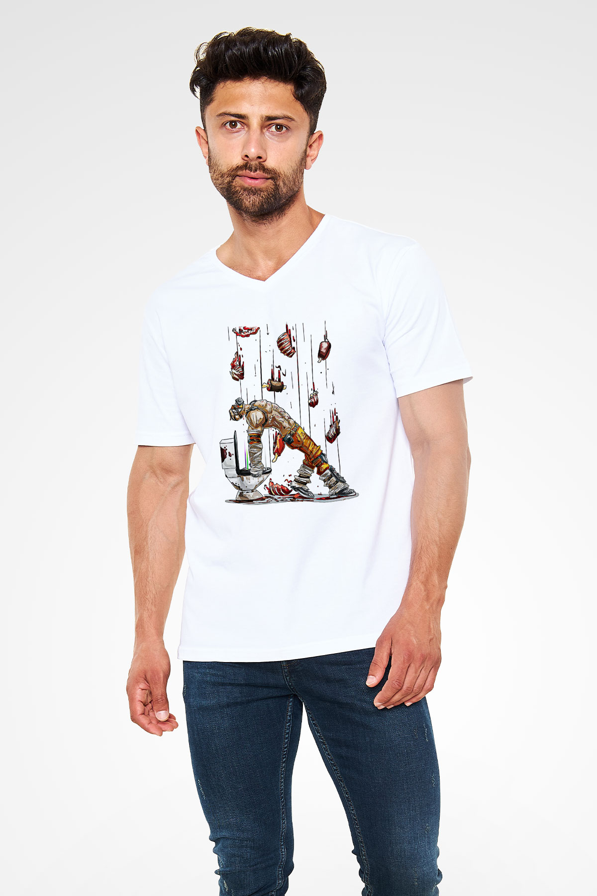Borderlands Baskılı Beyaz Unisex V Yaka Tişört - Tshirt