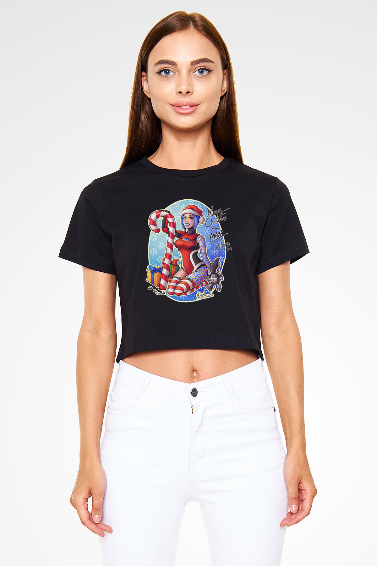 Borderlands Baskılı Siyah Crop Top Kadın Tişört - Tshirt