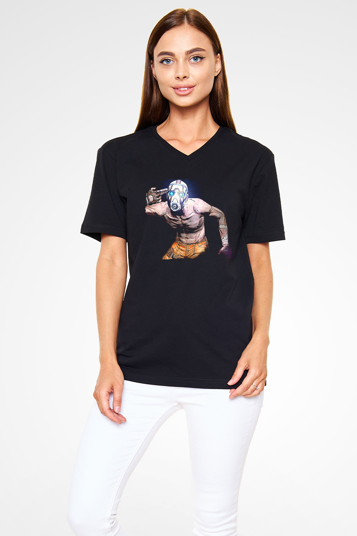 Borderlands Baskılı Unisex Siyah V Yaka Tişört - Tshirt