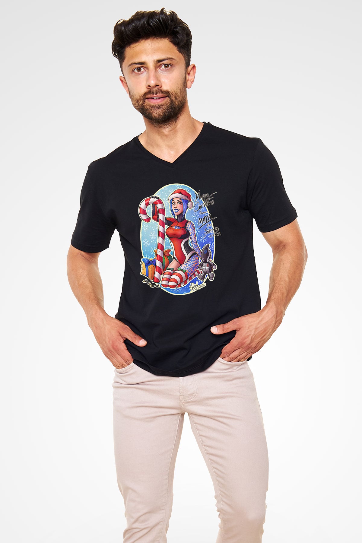 Borderlands Baskılı Unisex Siyah V Yaka Tişört - Tshirt