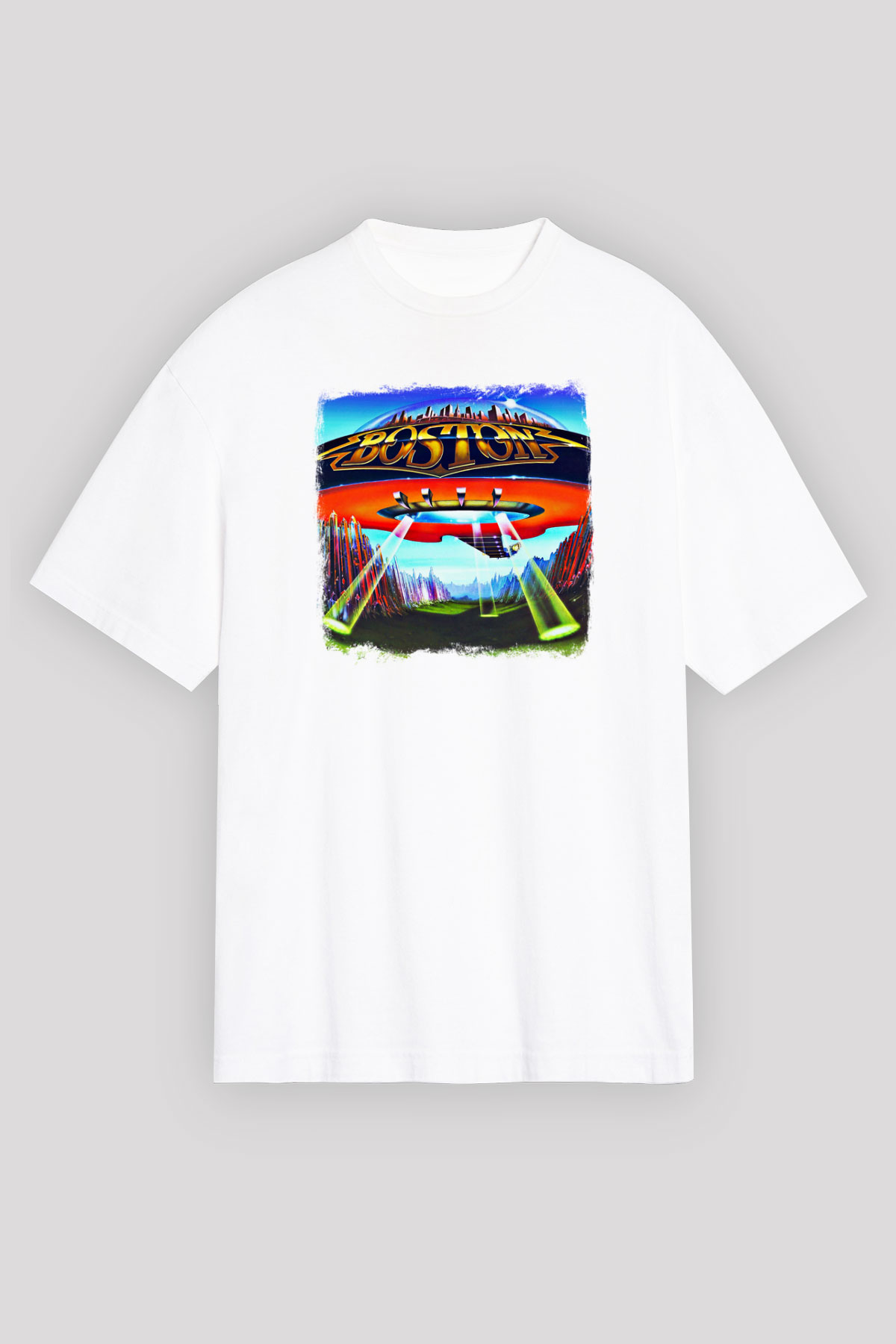 Boston Baskılı Unisex Beyaz Oversize Tişört