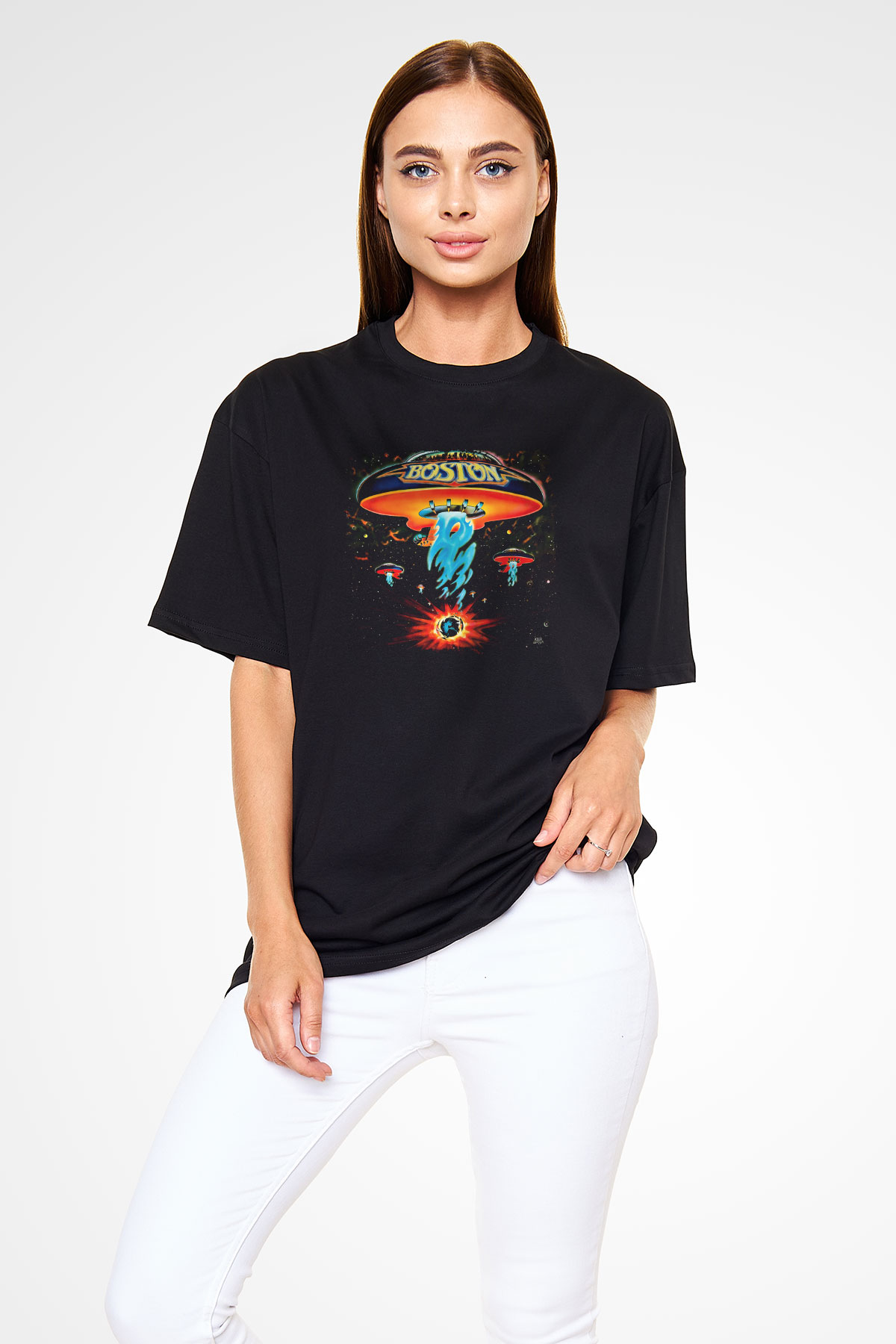 Boston Baskılı Unisex Siyah Oversize Tişört