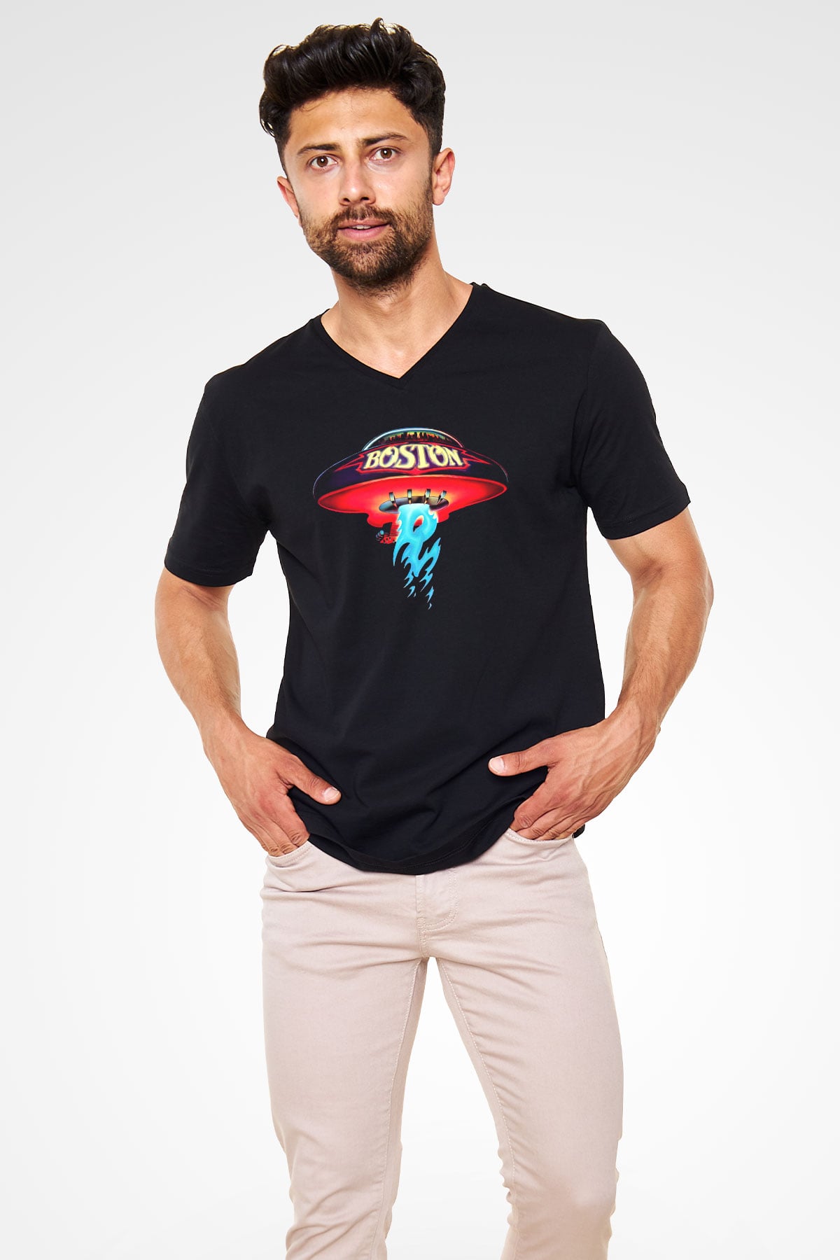 Boston Siyah Unisex V Yaka Tişört T-Shirt