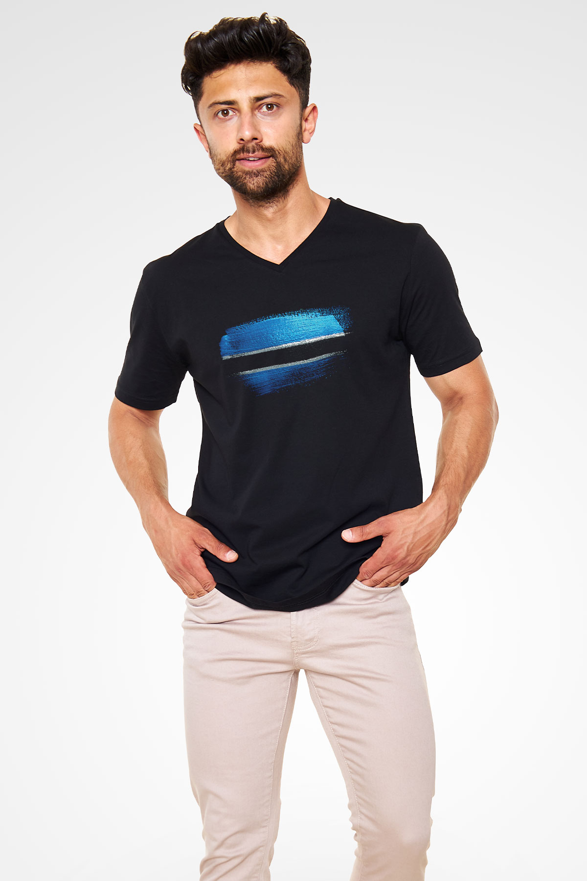 Botsvana - Botswana Bayrağı Baskılı Unisex Siyah V Yaka Tişört