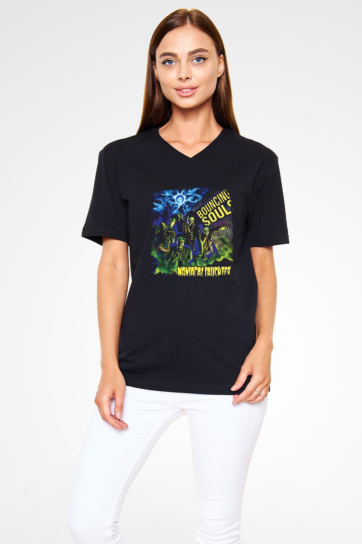 Bouncing Souls Baskılı Unisex Siyah V Yaka Tişört
