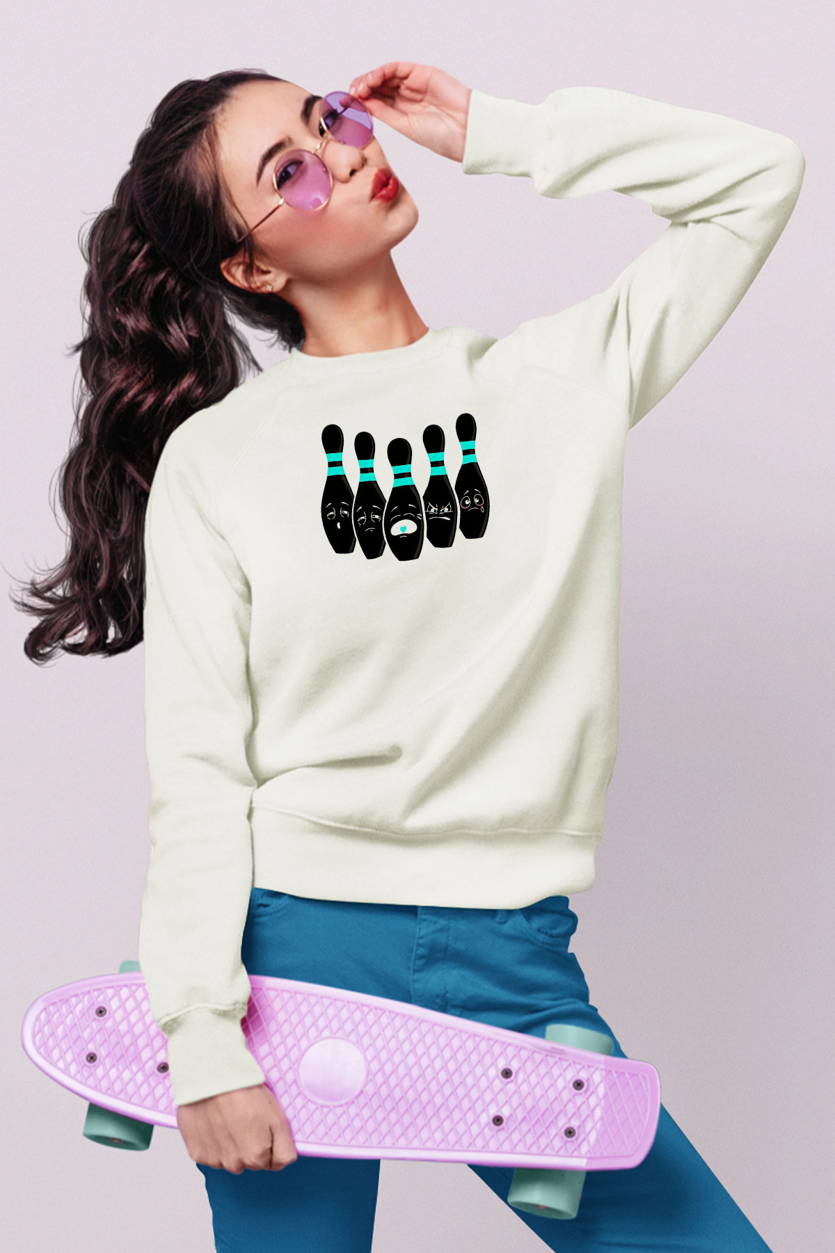 Bovling Baskılı Unisex Ekru Sweatshirt