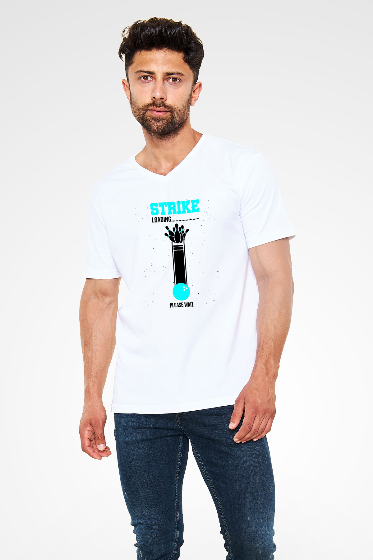 Bovling Baskılı Unisex V Yaka Tişört - Tshirt