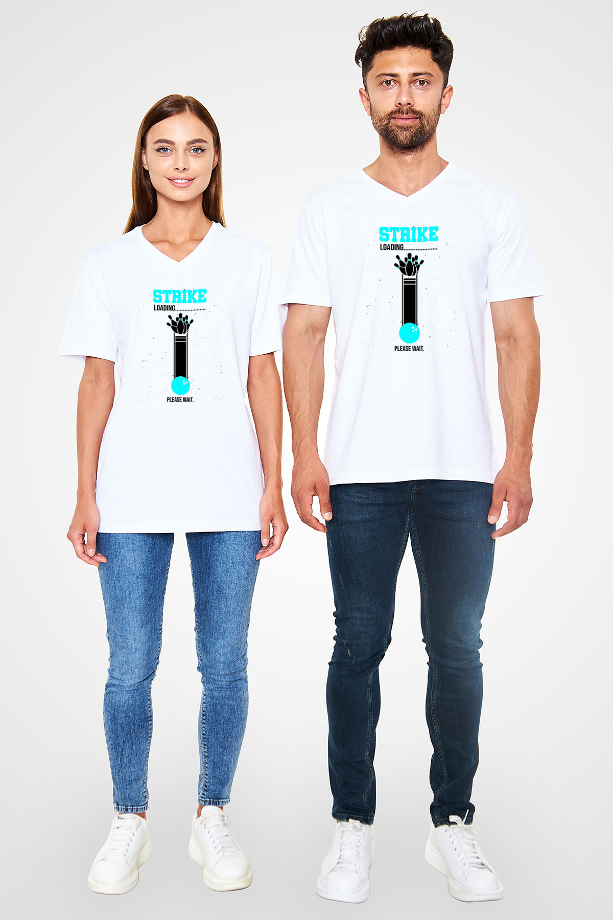 Bovling Baskılı Unisex V Yaka Tişört - Tshirt