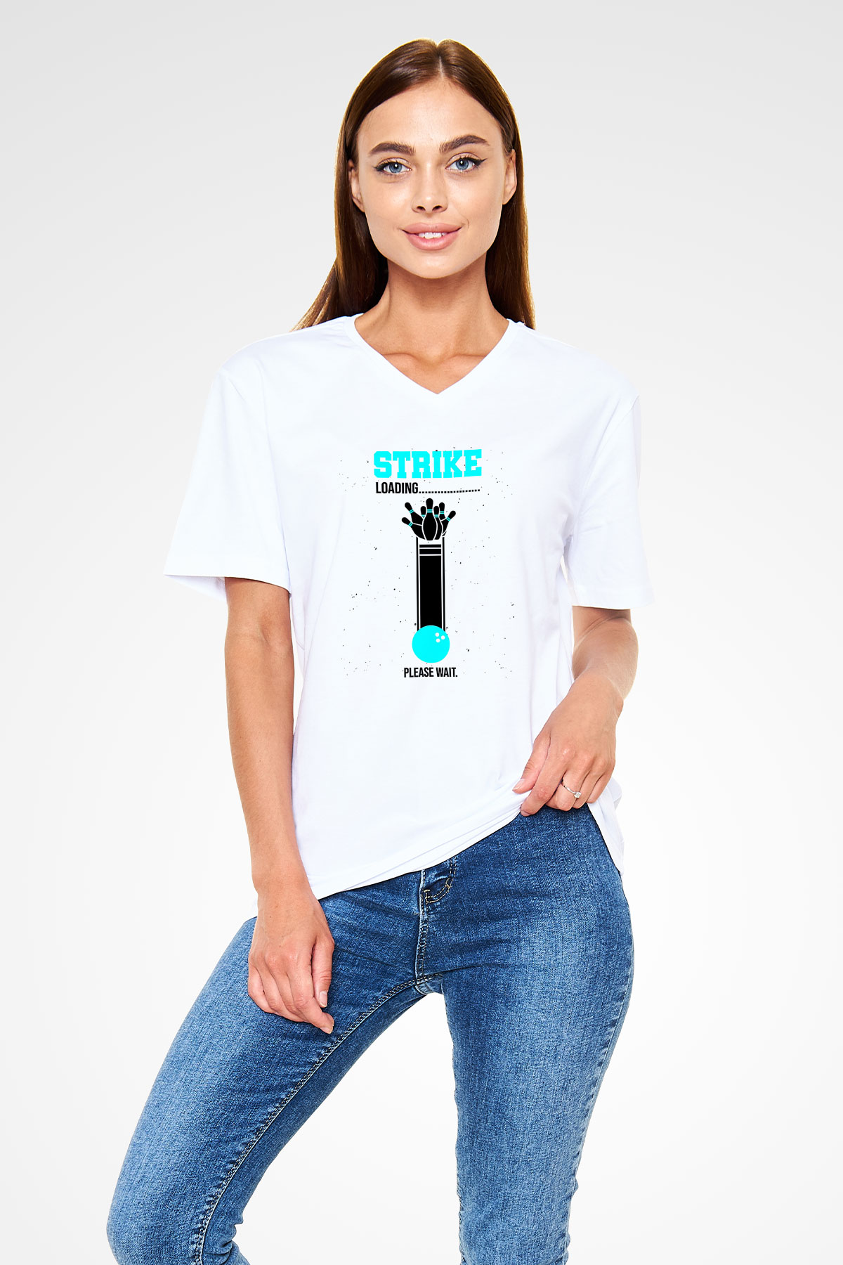 Bovling Baskılı Unisex V Yaka Tişört - Tshirt