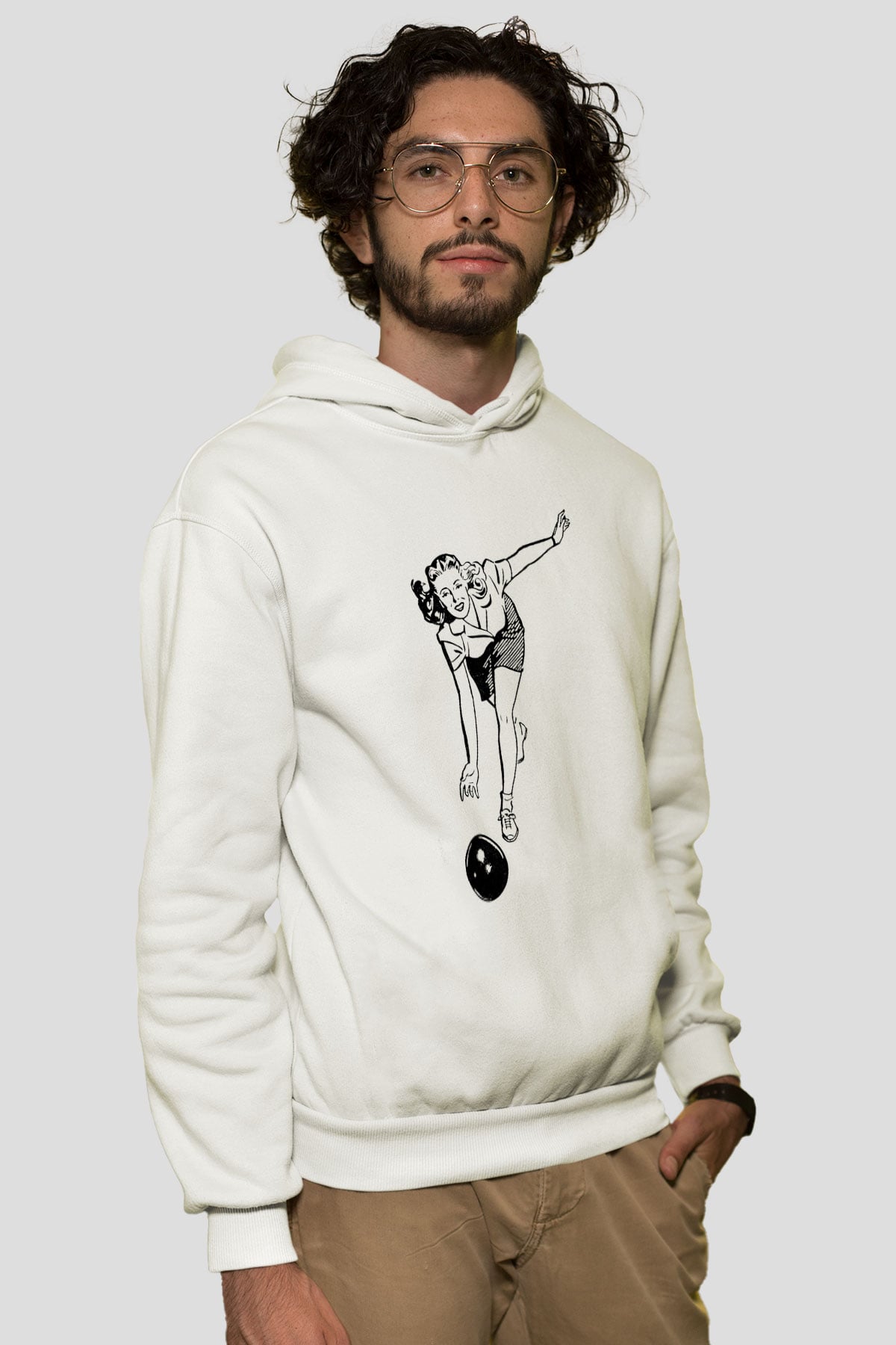 Bovling Beyaz Unisex Kapüşonlu Sweatshirt