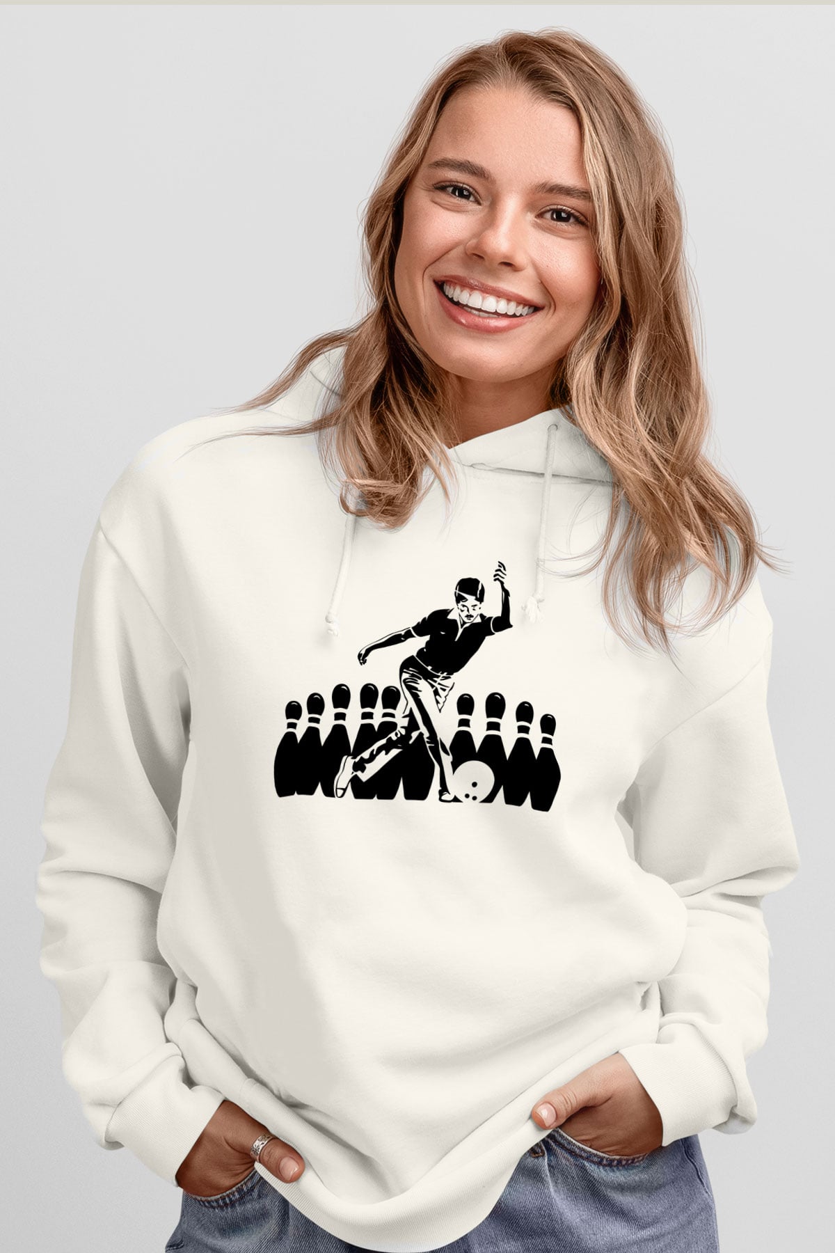 Bovling Beyaz Unisex Kapüşonlu Sweatshirt