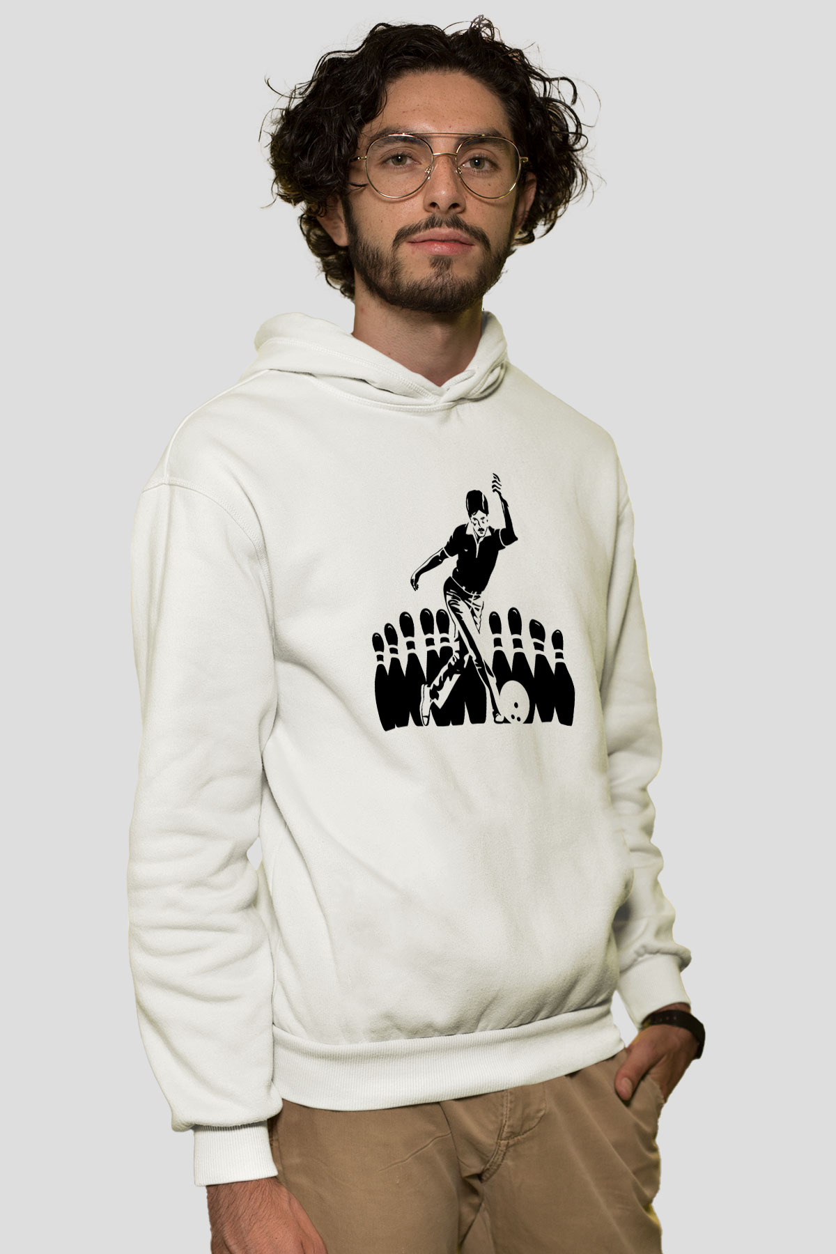 Bovling Beyaz Unisex Kapüşonlu Sweatshirt