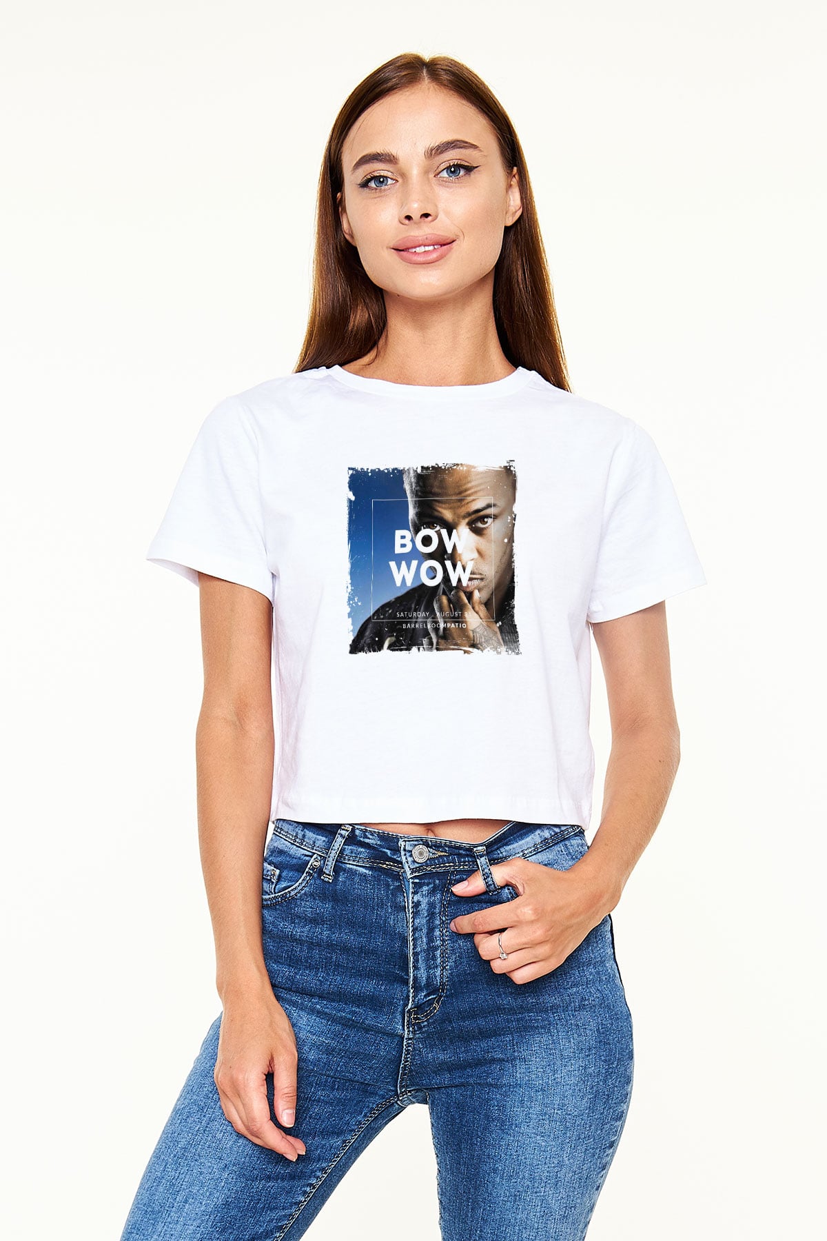 Bow Wow Baskılı Beyaz Kadın Crop Top Tişört