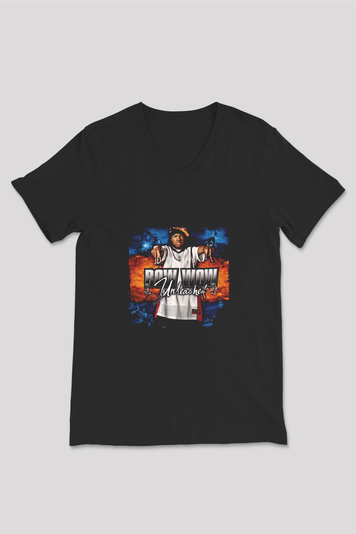 Bow Wow Baskılı Unisex Siyah V Yaka Tişört