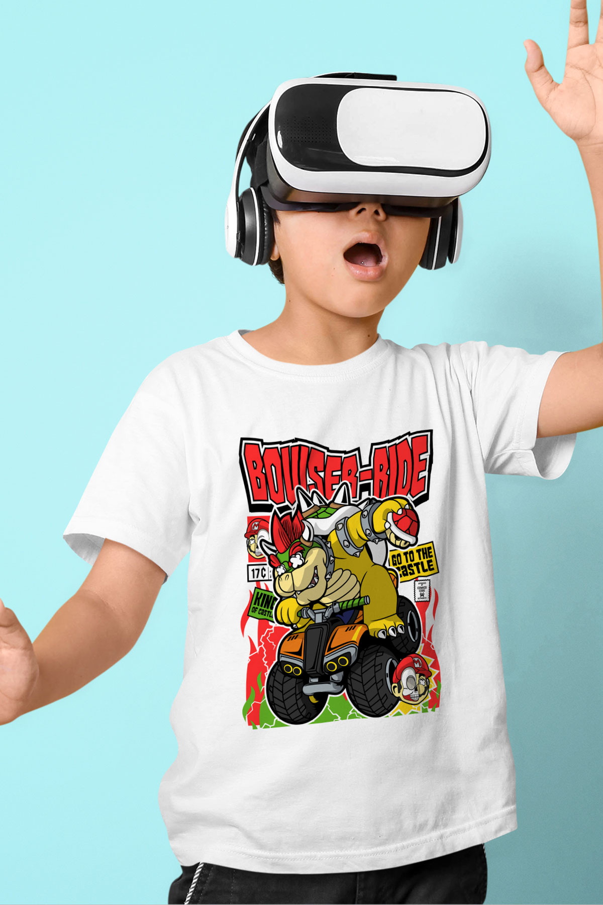 Bowser Ride Baskılı Unisex Beyaz Çocuk Tişört