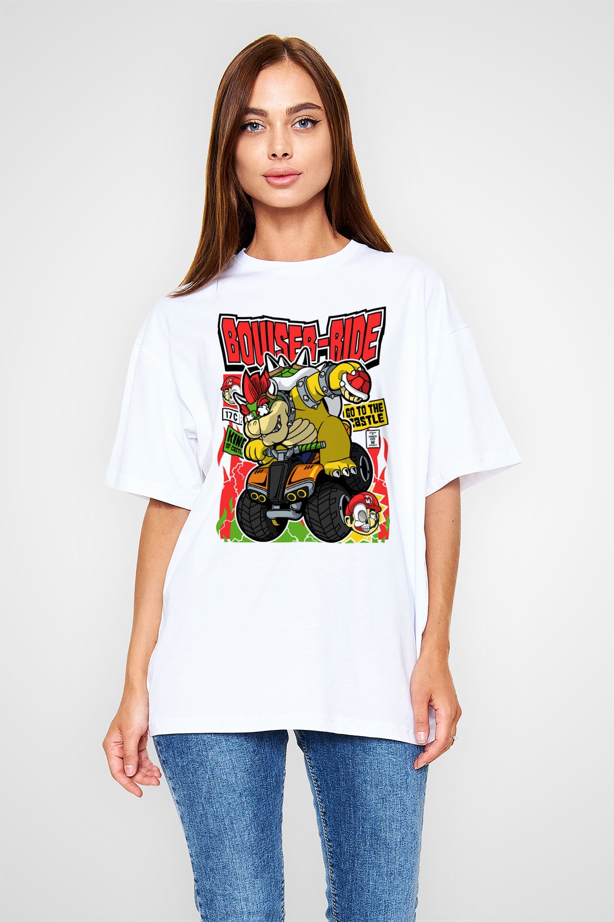 Bowser Ride Baskılı Unisex Beyaz Oversize Tişört