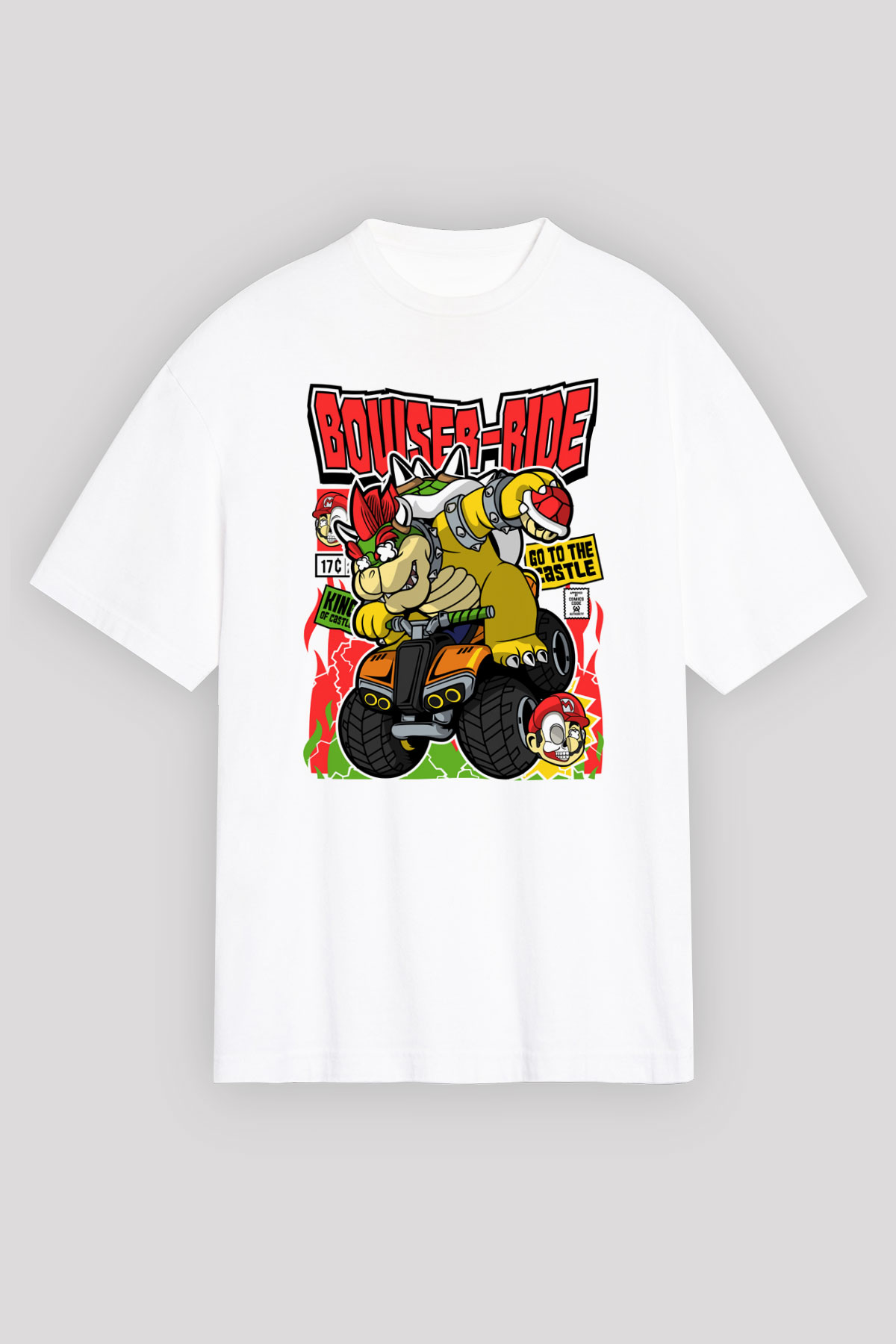 Bowser Ride Baskılı Unisex Beyaz Oversize Tişört