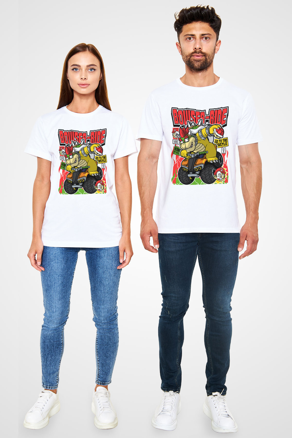 Bowser Ride Baskılı Unisex Beyaz Tişört