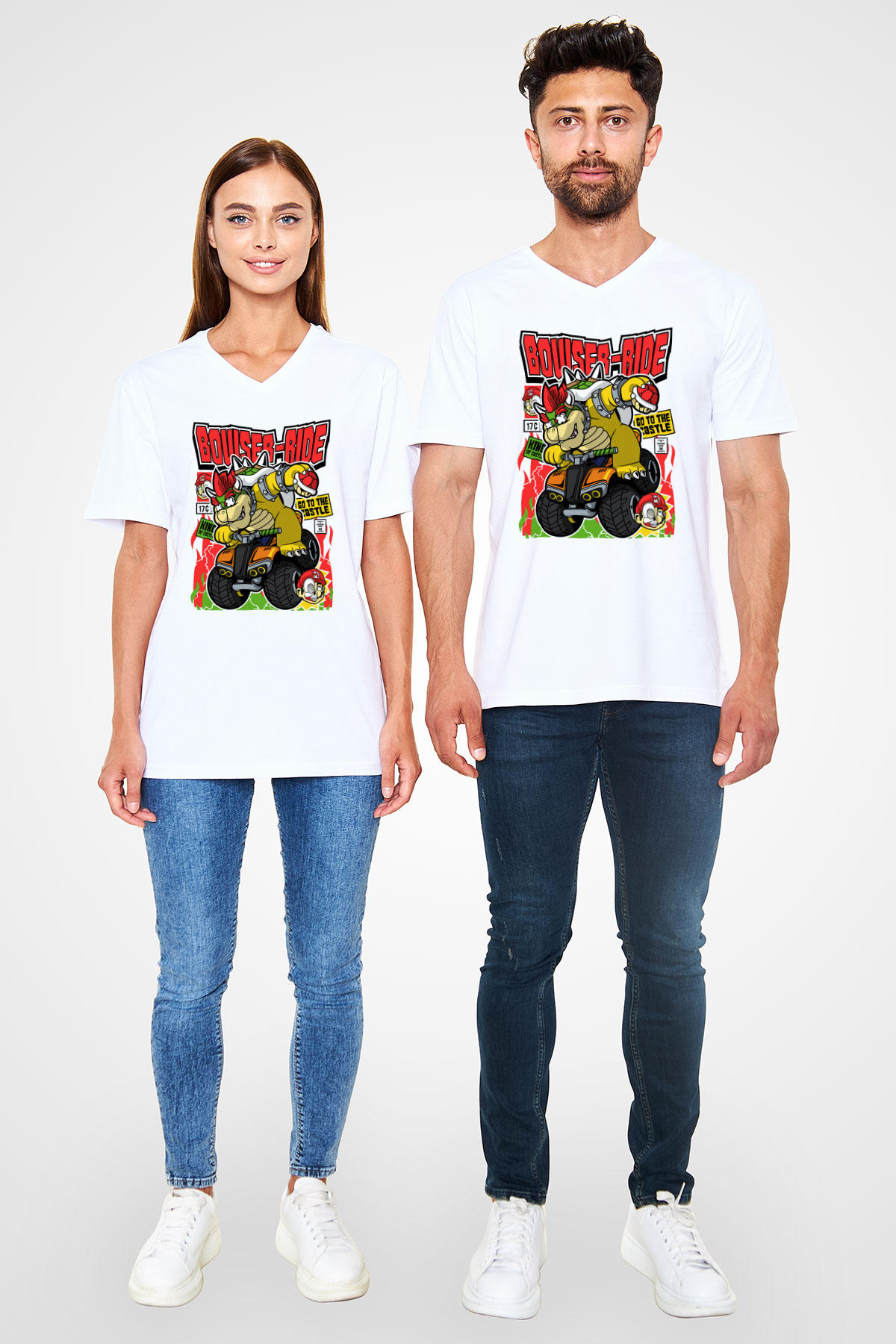 Bowser Ride Baskılı Unisex Beyaz V Yaka Tişört