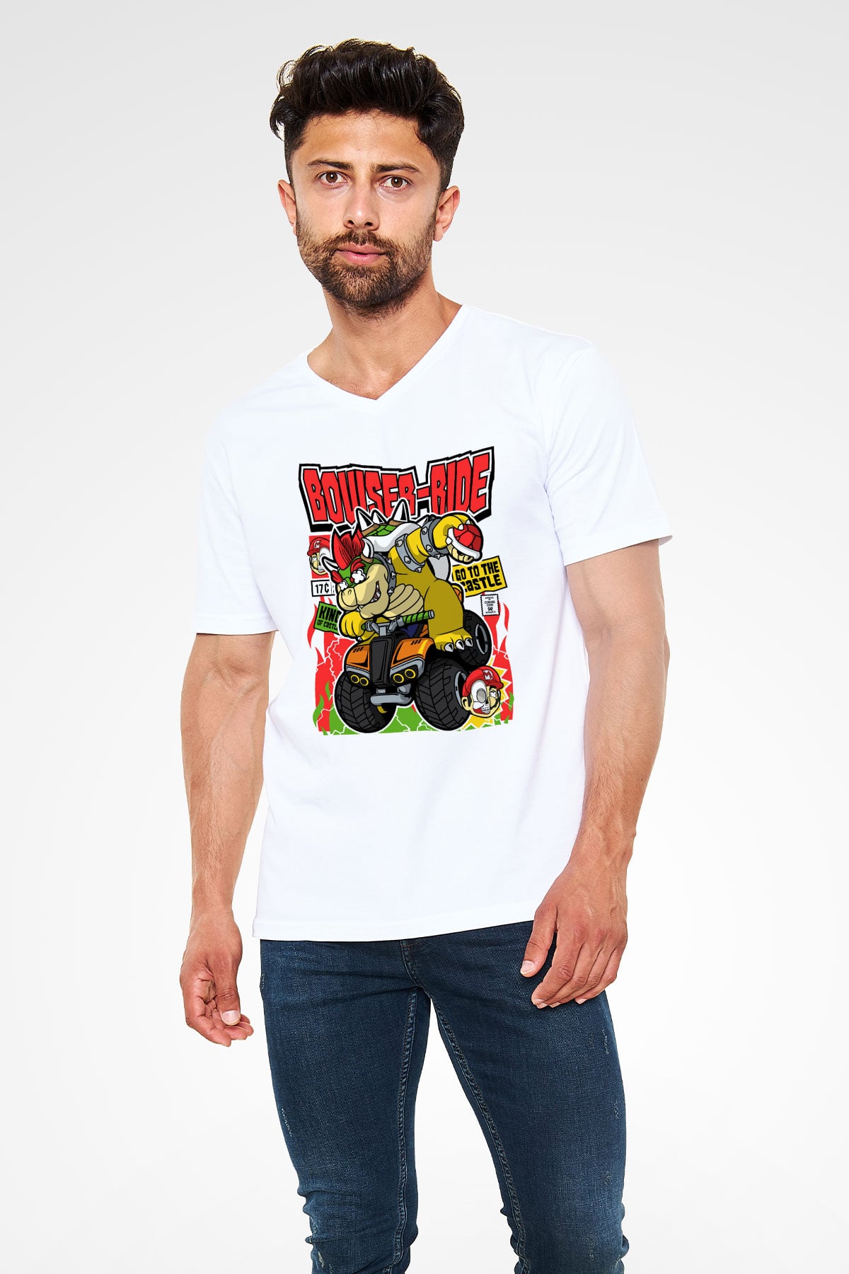 Bowser Ride Baskılı Unisex Beyaz V Yaka Tişört