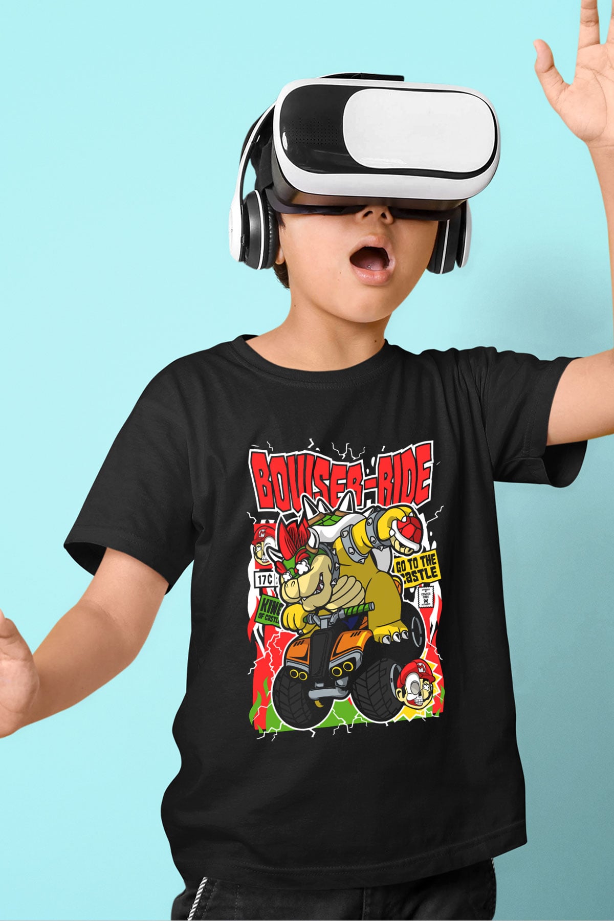 Bowser Ride Baskılı Unisex Siyah Çocuk Tişört