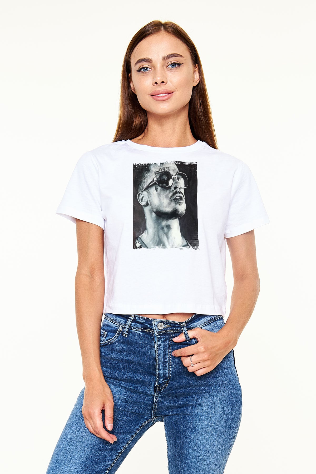 Brad Pitt Baskılı Beyaz Kadın Crop Top Tişört