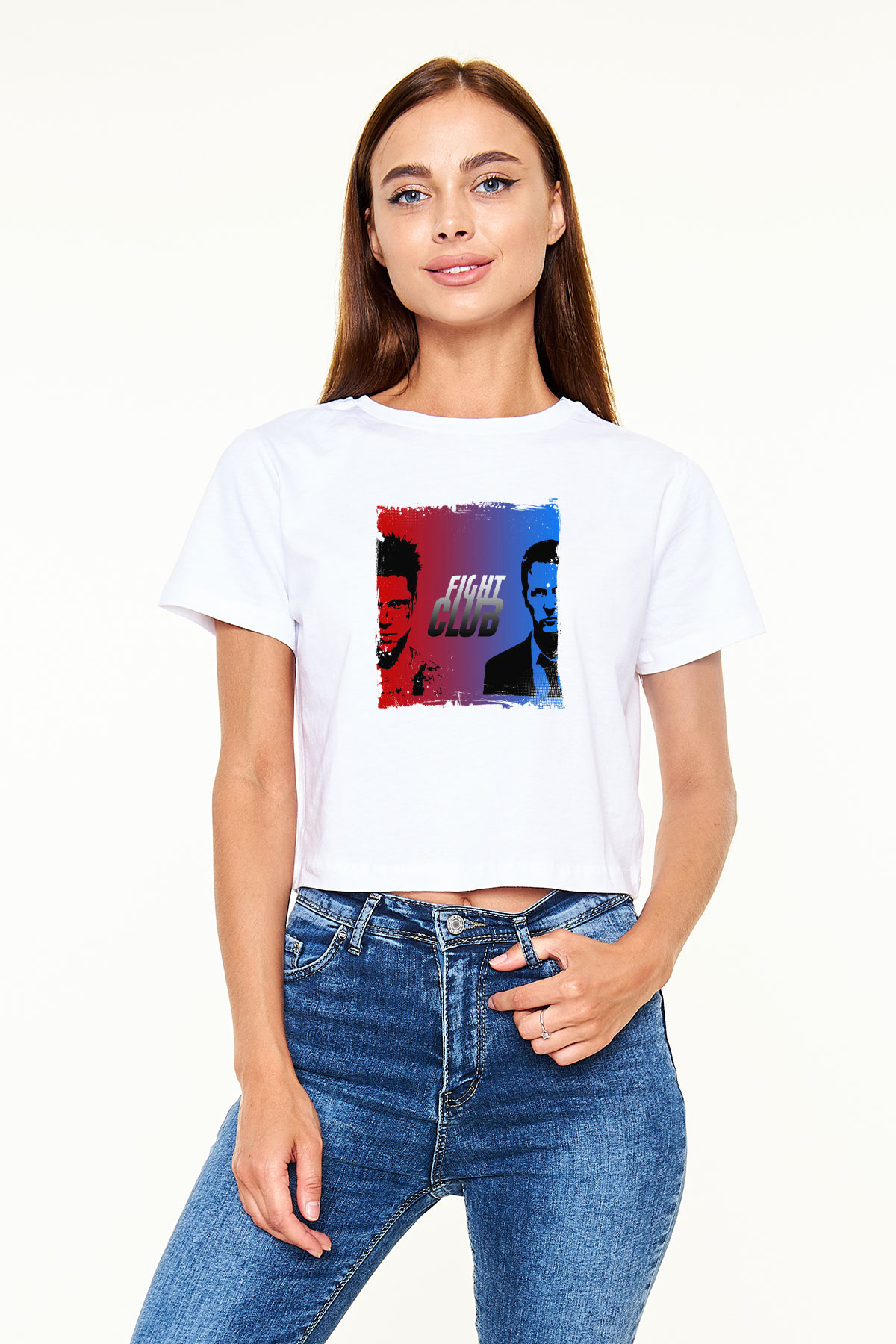 Brad Pitt Baskılı Beyaz Kadın Crop Top Tişört
