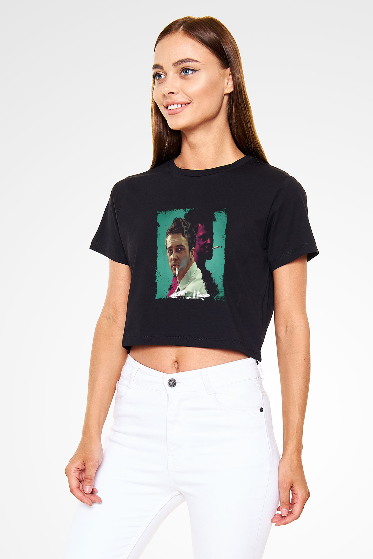 Brad Pitt Baskılı Siyah Kadın Crop Top Tişört