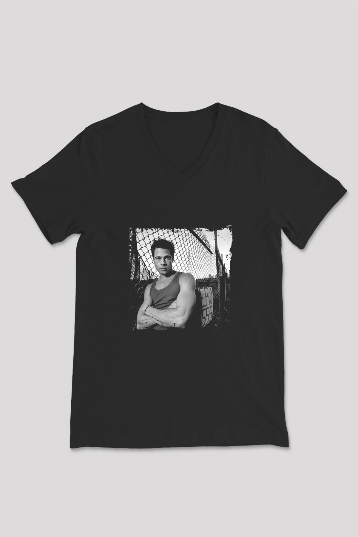 Brad Pitt Baskılı Unisex Siyah V Yaka Tişört