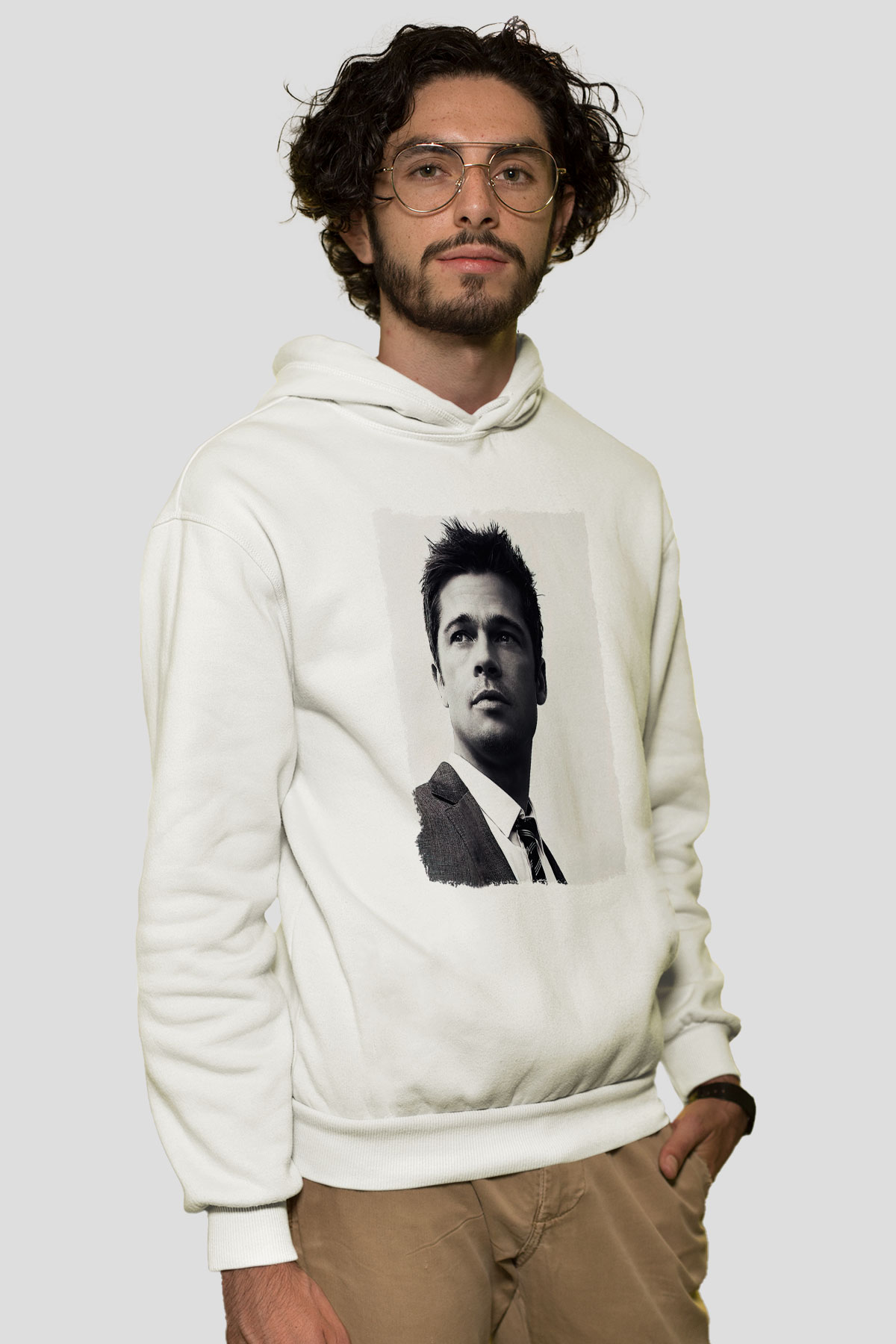 Brad Pitt Beyaz Unisex Kapüşonlu Sweatshirt