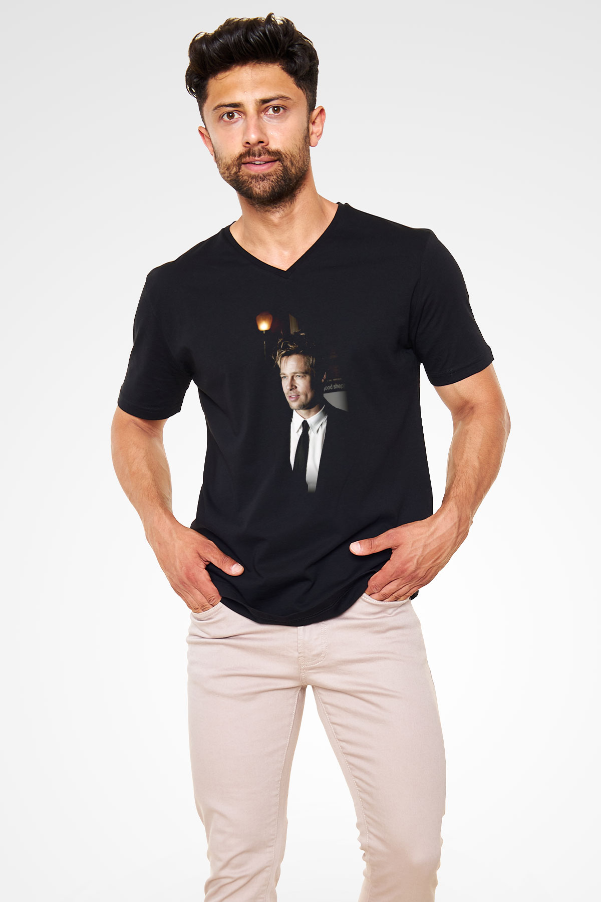 Brad Pitt Siyah Unisex V Yaka Tişört T-Shirt