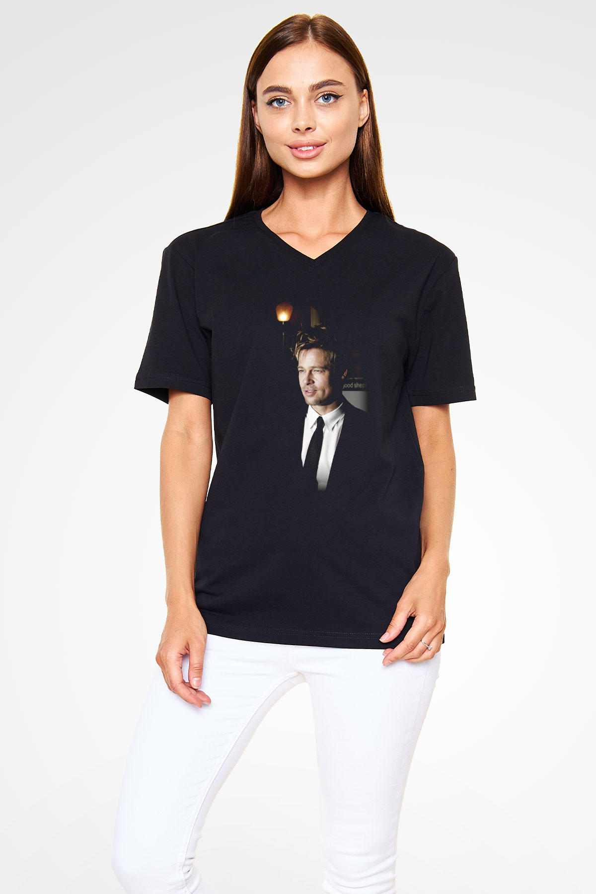 Brad Pitt Siyah Unisex V Yaka Tişört T-Shirt