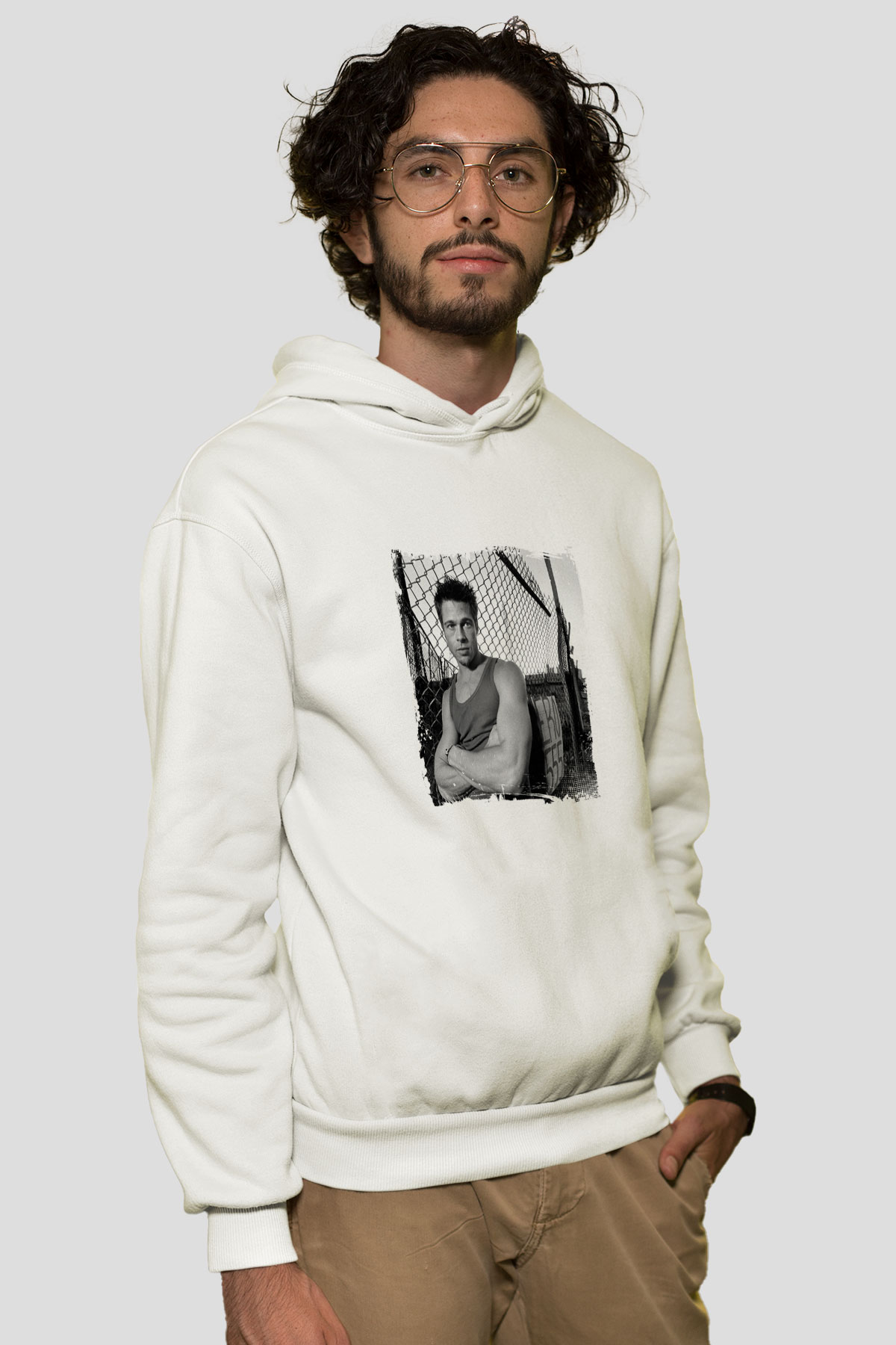 Brad Pitt Unisex Baskılı Beyaz Kapüşonlu Sweatshirt