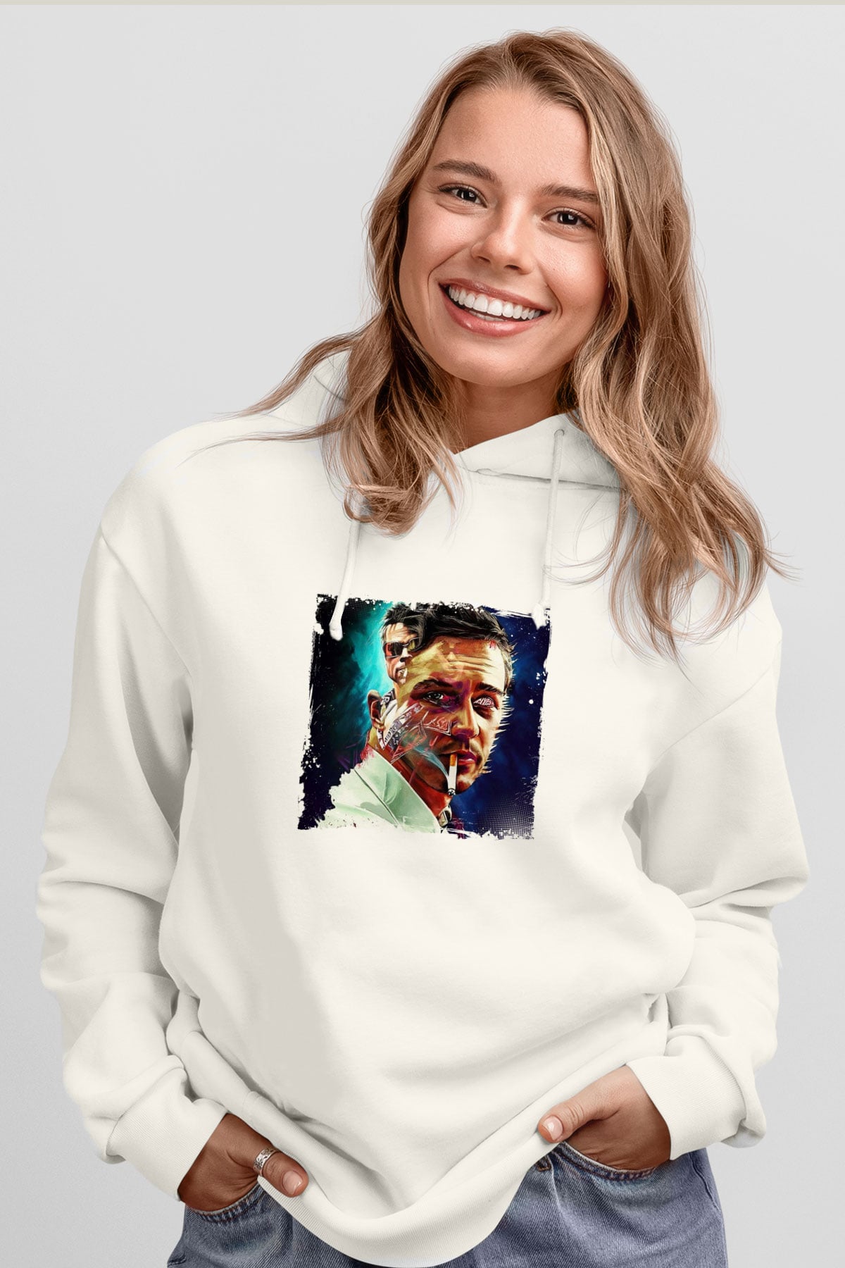 Brad Pitt Unisex Baskılı Beyaz Kapüşonlu Sweatshirt