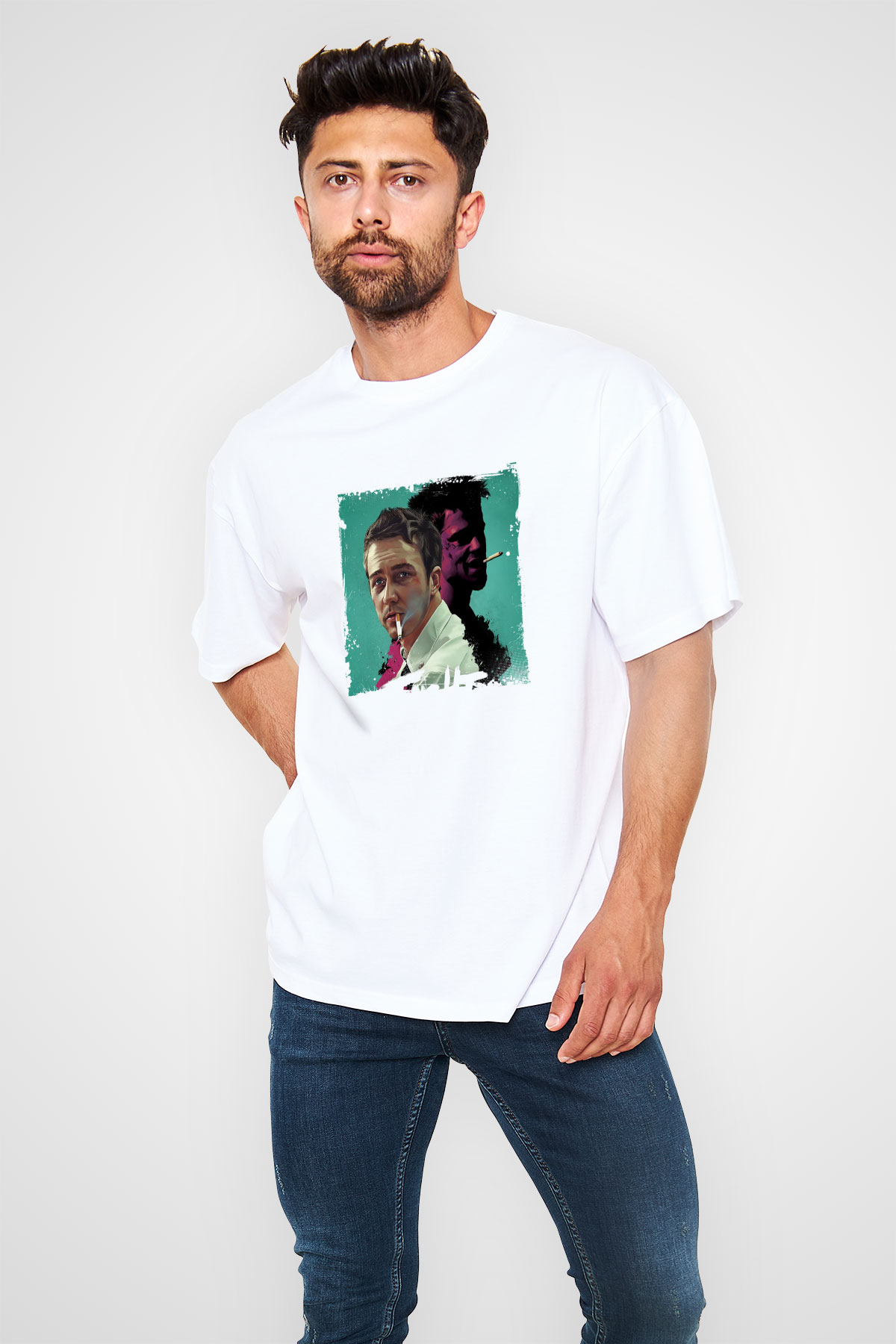 Brad Pitt Oversize Baskılı Beyaz Tişört