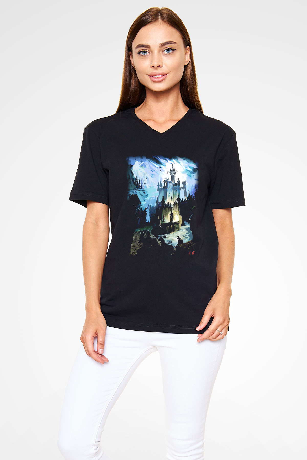 Bran Kalesi Siyah Unisex V Yaka Tişört T-Shirt