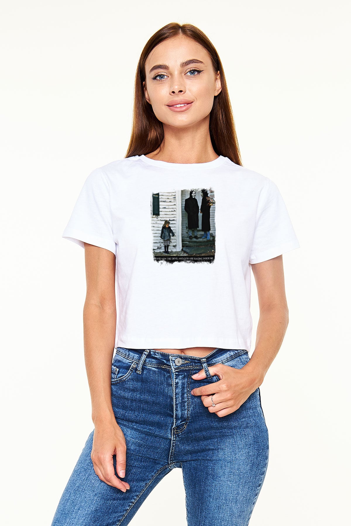 Brand New Baskılı Unisex Beyaz Crop Top Tişört