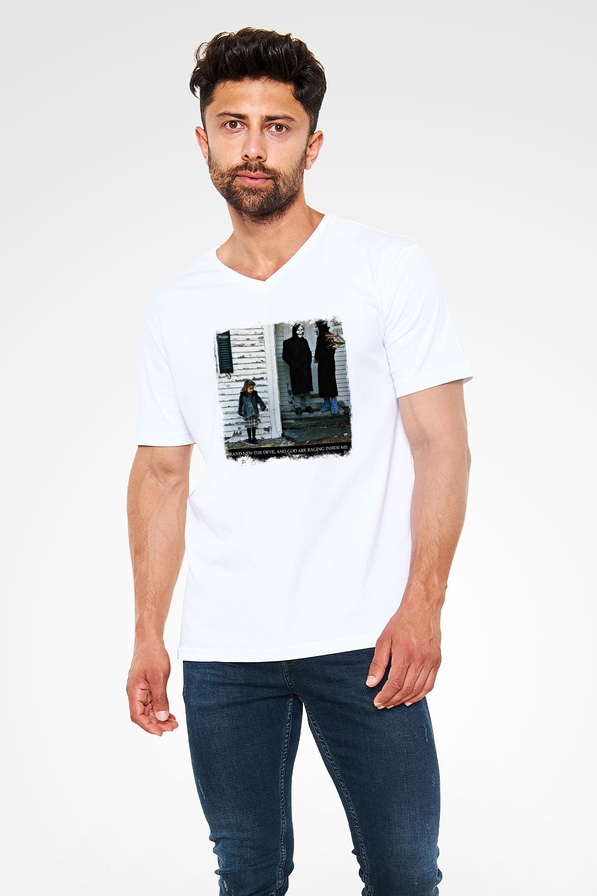 Brand New Baskılı Unisex Beyaz V Yaka Tişört