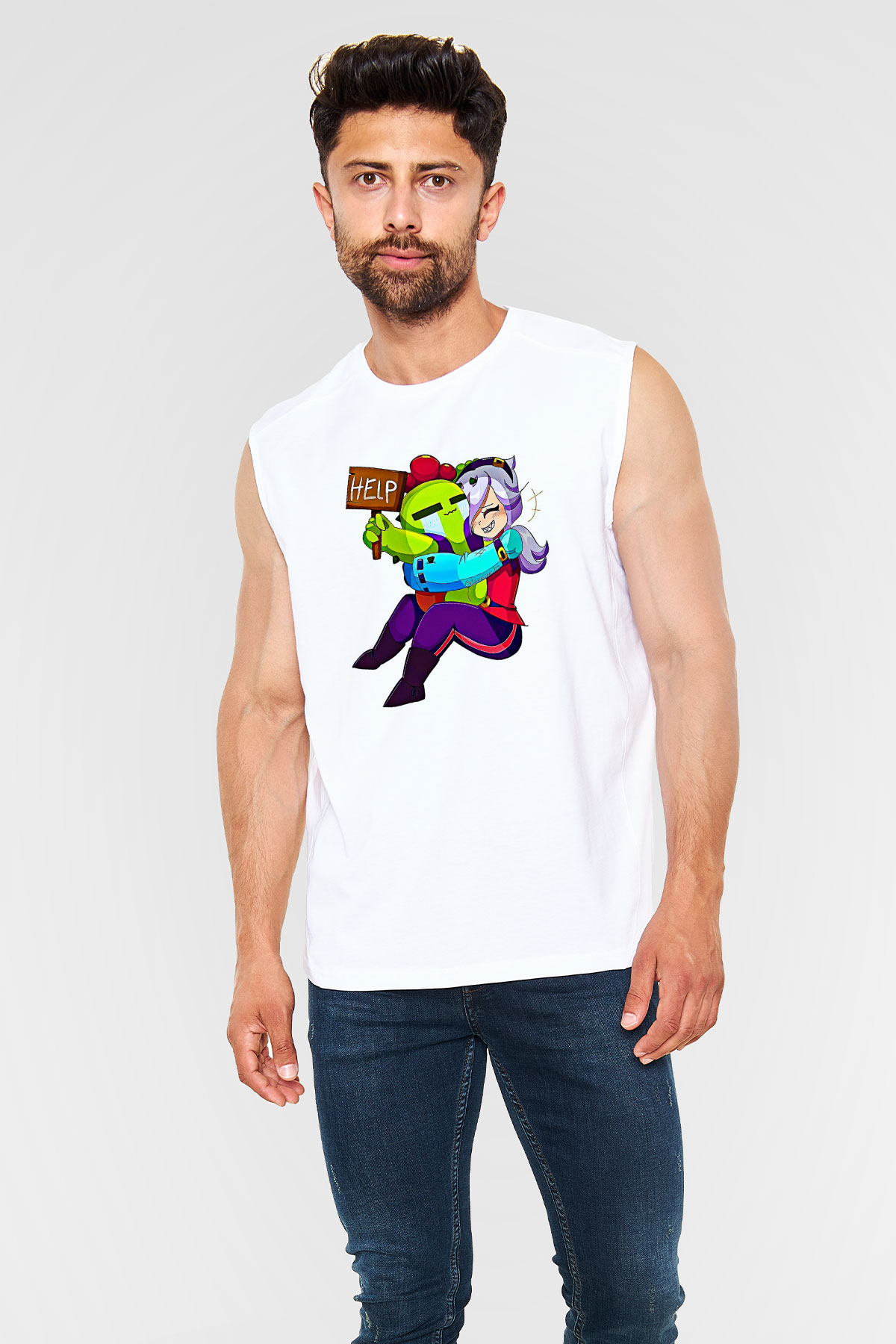 Brawl Stars Baskılı Beyaz Unisex Kolsuz Tişört - Tshirt