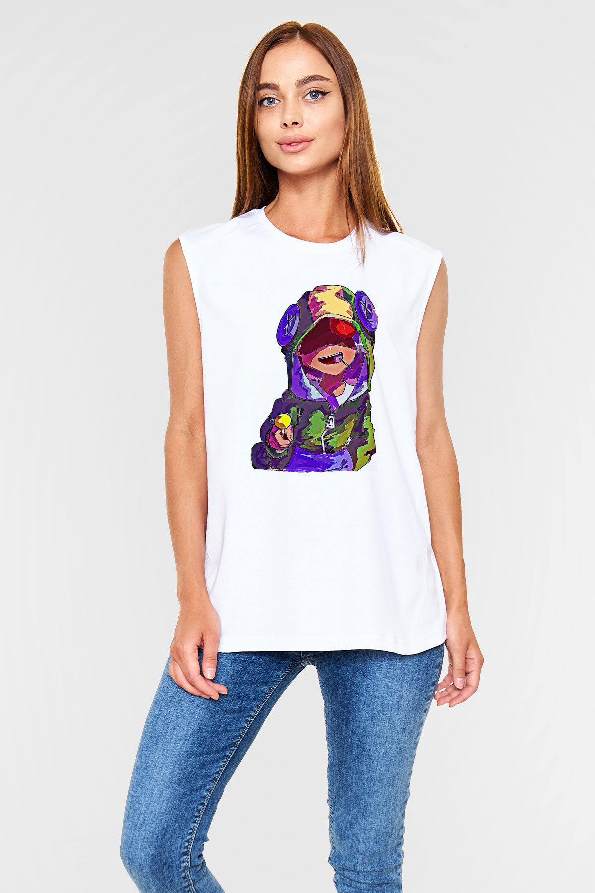 Brawl Stars Baskılı Beyaz Unisex Kolsuz Tişört - Tshirt