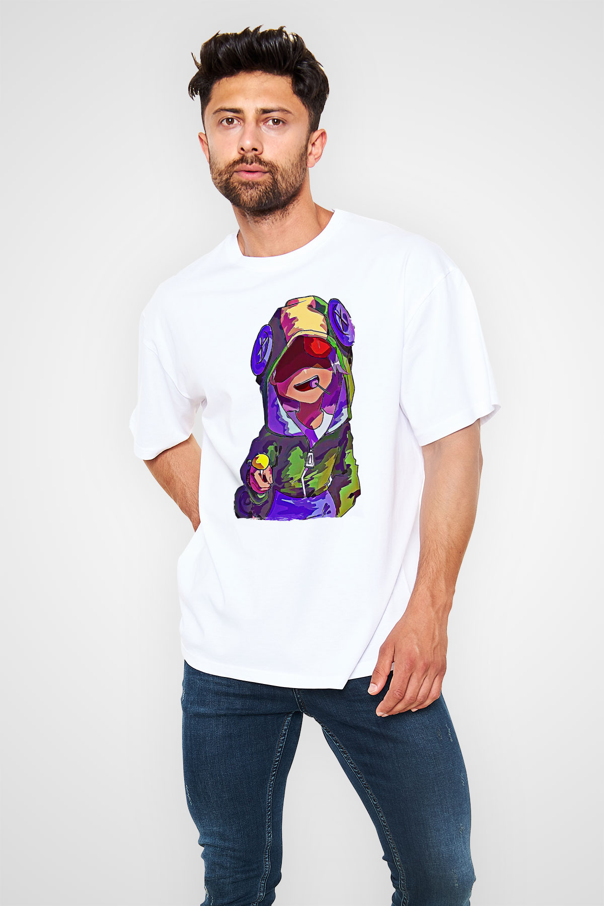 Brawl Stars Baskılı Beyaz Unisex Oversize Tişört - Tshirt
