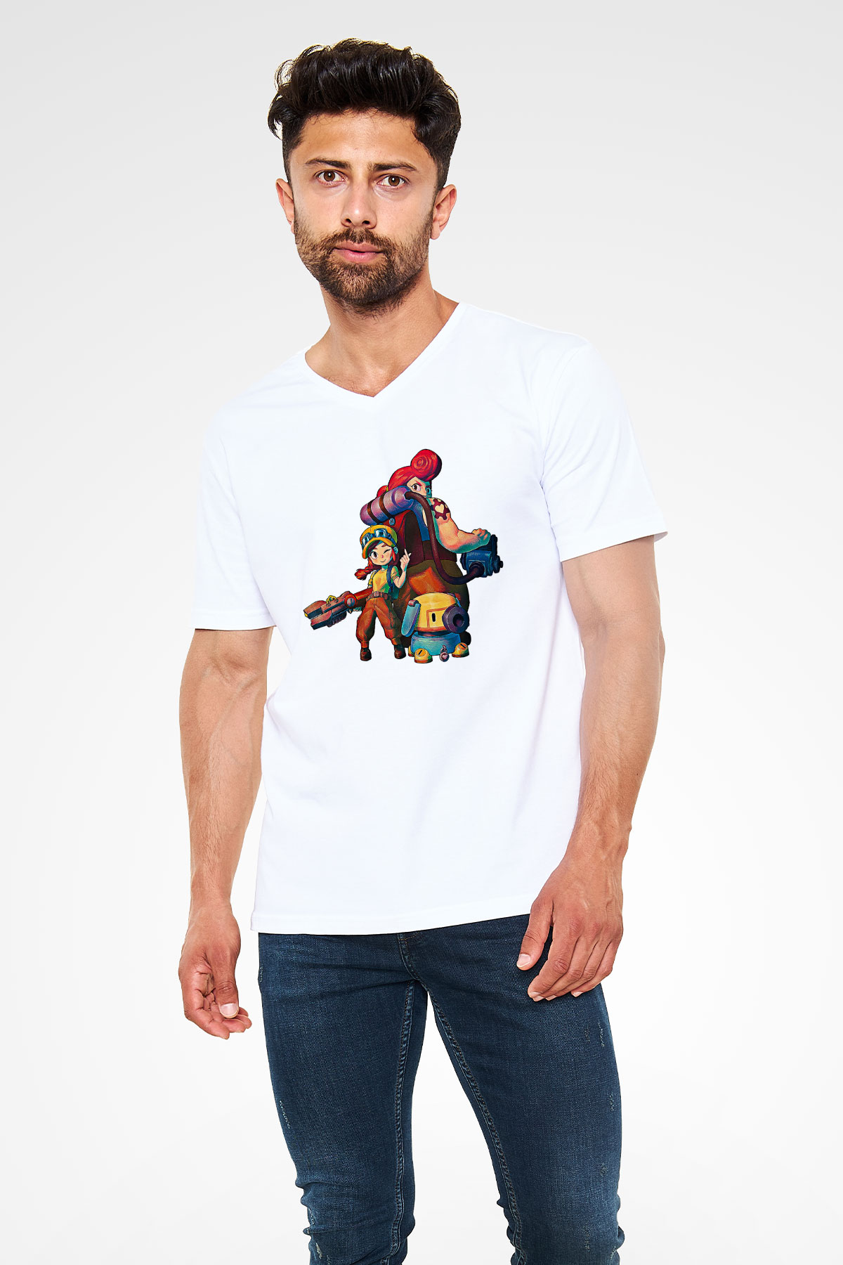 Brawl Stars Baskılı Beyaz Unisex V Yaka Tişört - Tshirt