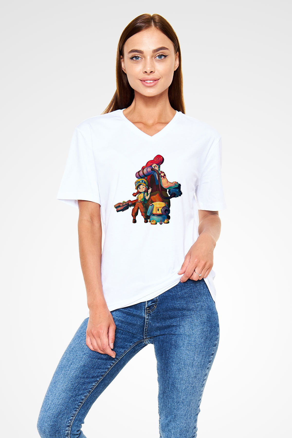 Brawl Stars Baskılı Beyaz Unisex V Yaka Tişört - Tshirt